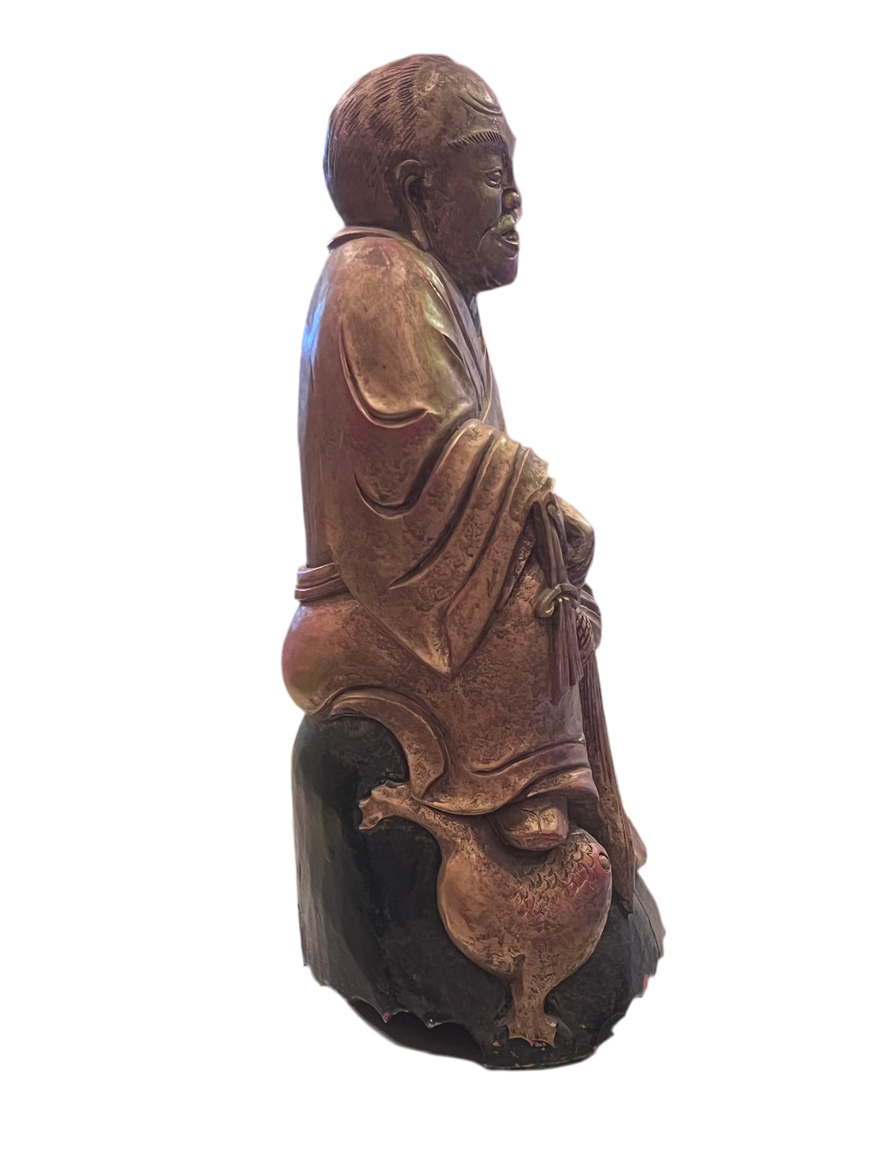 Antique Chinese Wood Hand Carved Monk Figurine