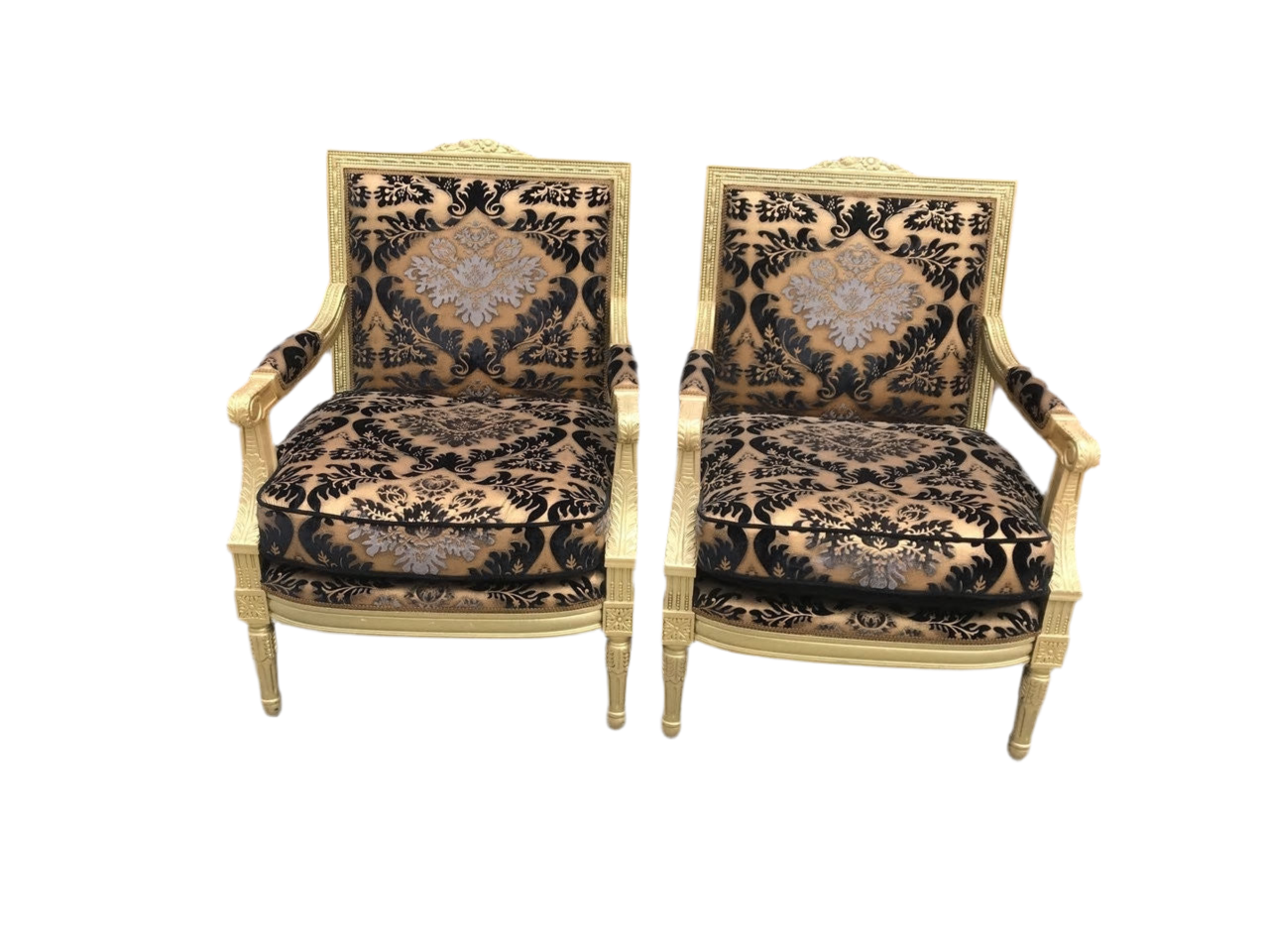 Antique Louis XVI Armchair With Carved Gold Frame Newly Reupholstered in a Patterned Velvet - Pair
