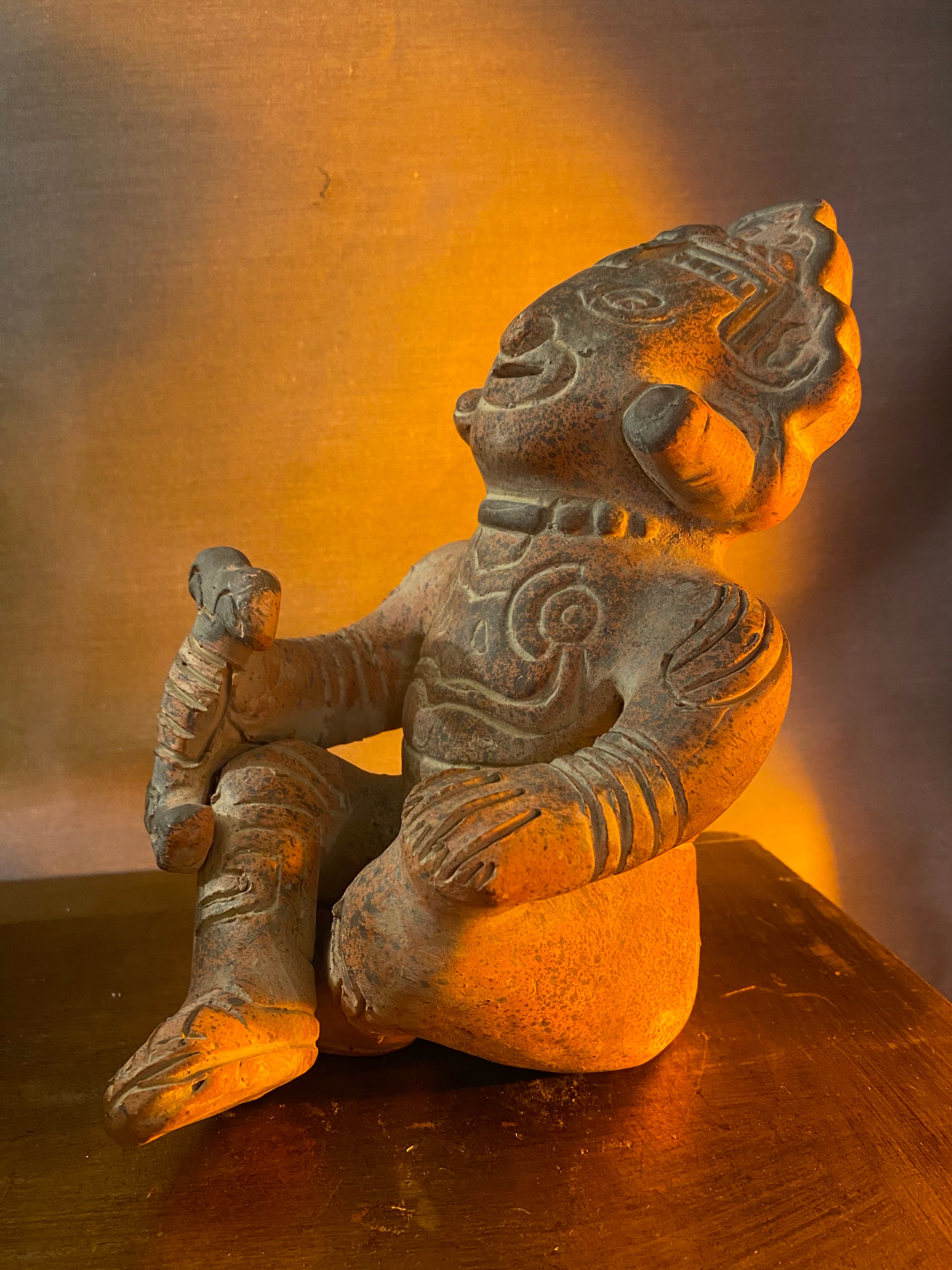 Vintage Small Cross-Legged Pre-Columbian Style Terra Cotta Statue of Mesoamerican God Xochipilli or "Prince of Flowers"