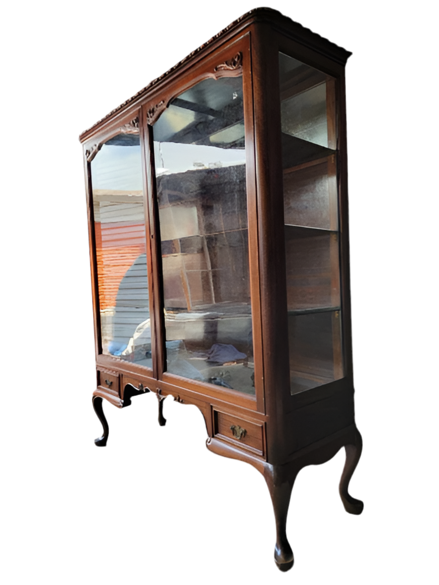 Antique Queen Anne Style Mahogany Glass Panel 2 Door Bookcase/Display Cabinet