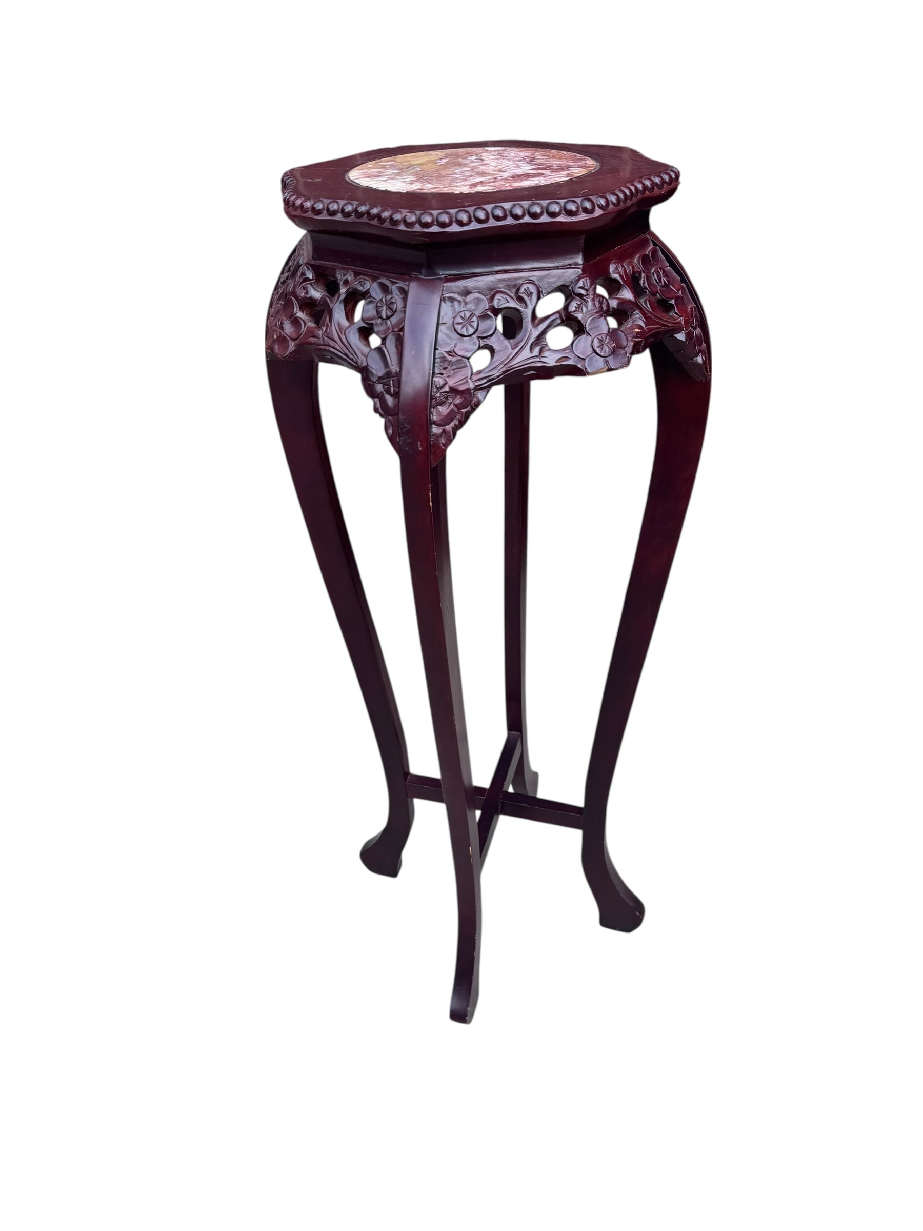 Antique Chinese Carved Marble Top Rosewood Pedestal Stand Table