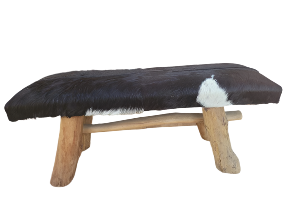 Vintage Black and White Cowhide Bench with Wooden Legs