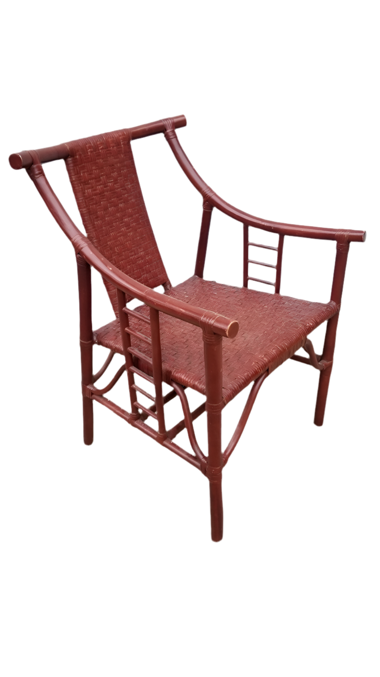 Hollywood Regency Tommi Parzinger Style Red Bamboo and Wicker Armchair