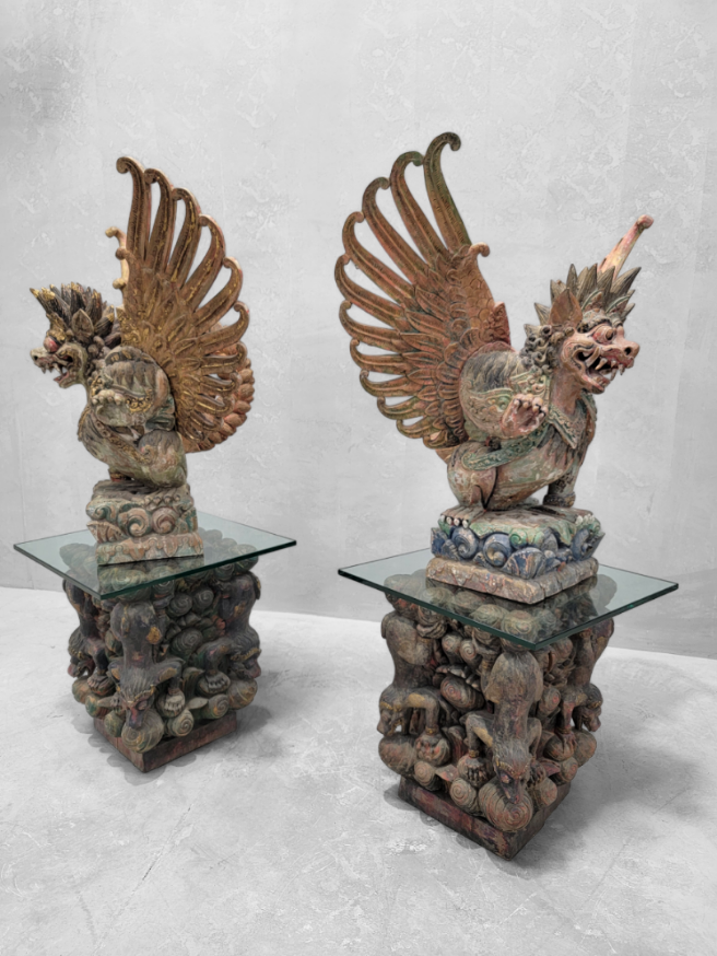 Antique Hand Carved Polychromed Balinese Garuda Statues on Glass Top Side-Table/Pedestals - Set of 2