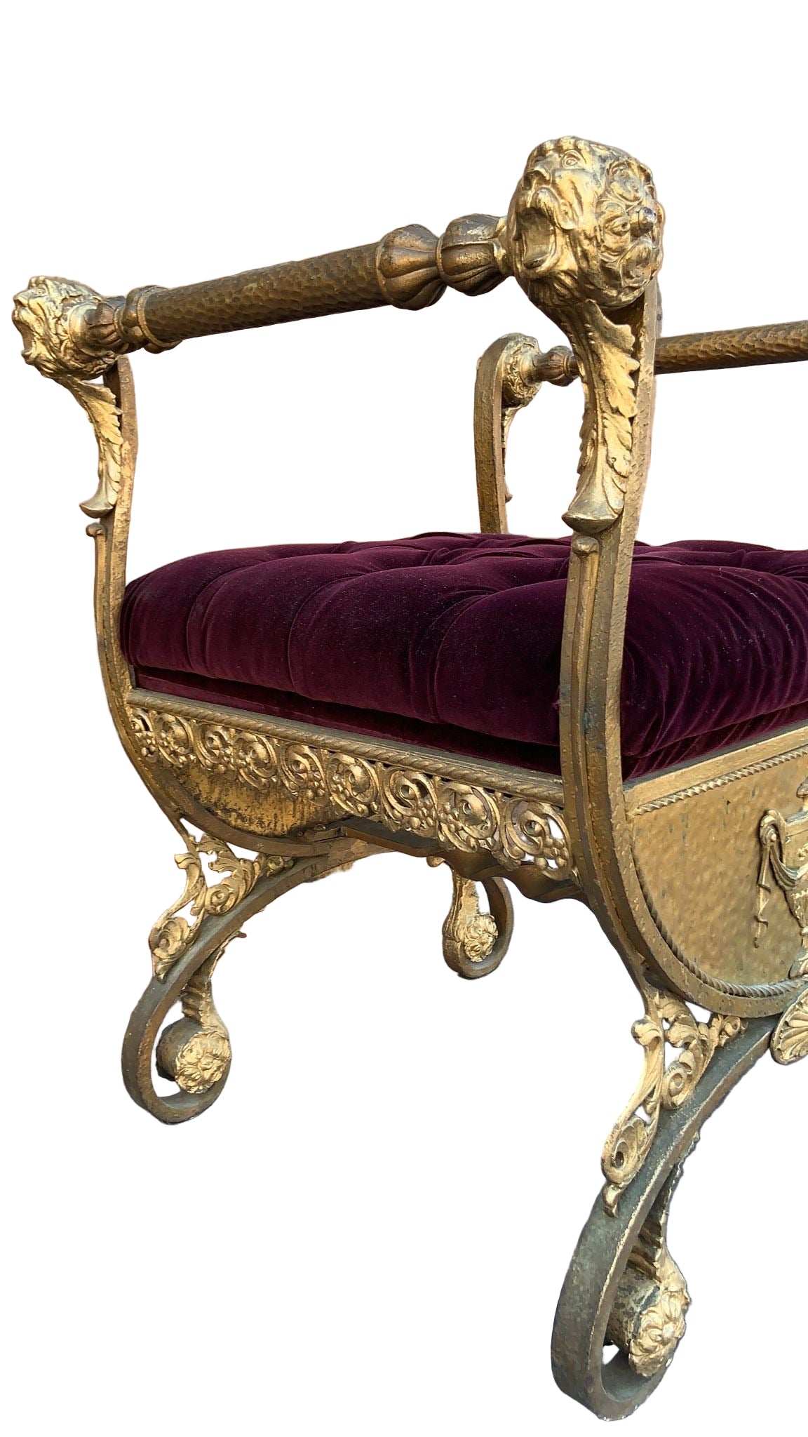 Antique Italian Renaissance Ornate Tufted Gild Bench Newly Reupholstered