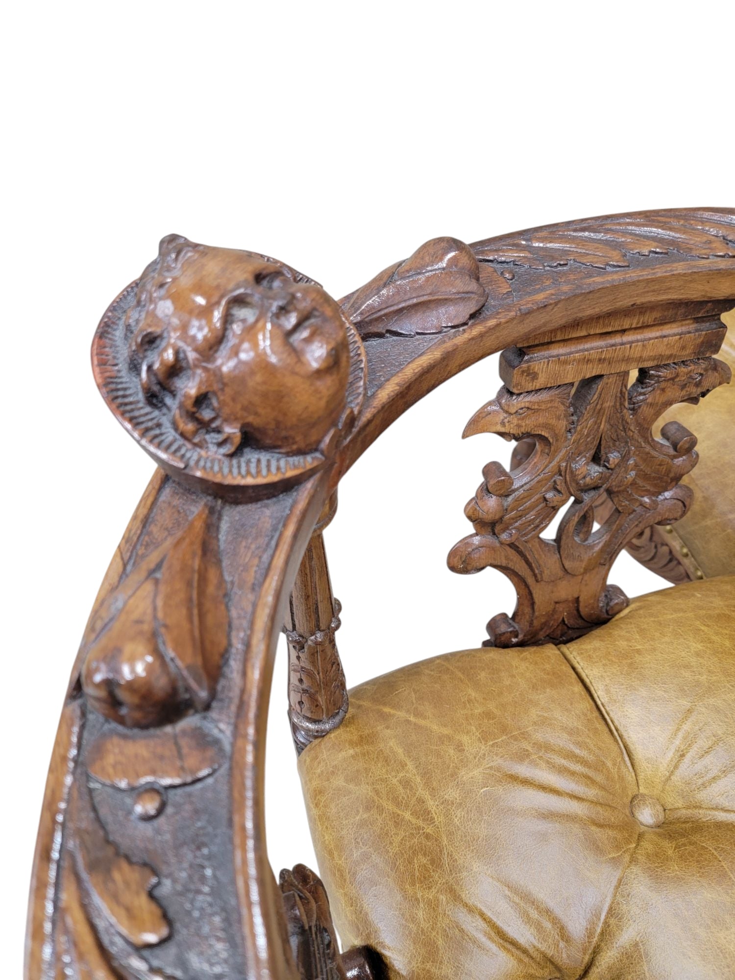 Antique Italian Renaissance Revival Ornate Carved Figural Tufted Tete-a-Tete Bench Newly Reupholstered in Leather