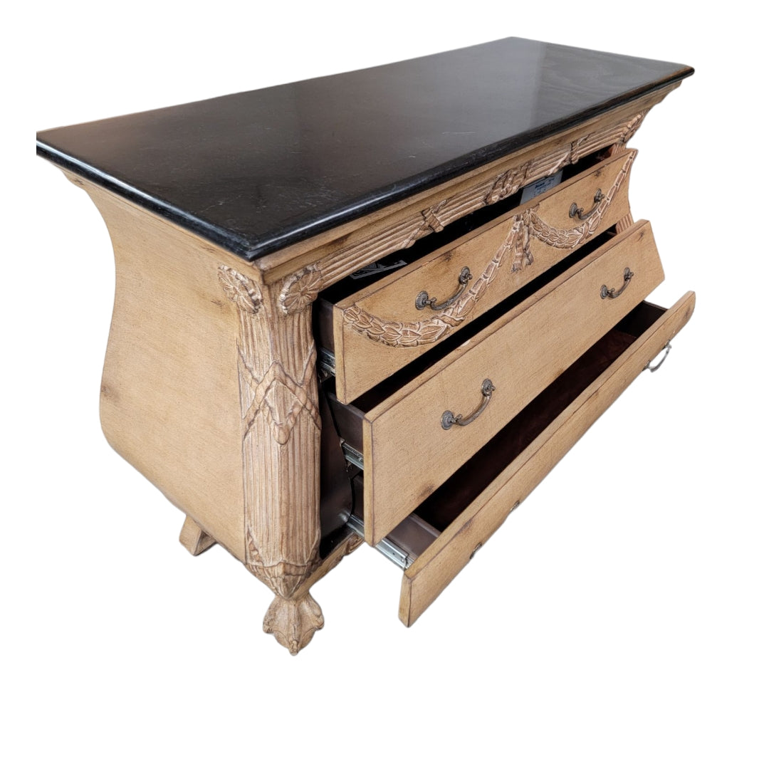 New - Vintage Italian Antiqued Style Carved Bombe Chest with Black Marble Stone Top