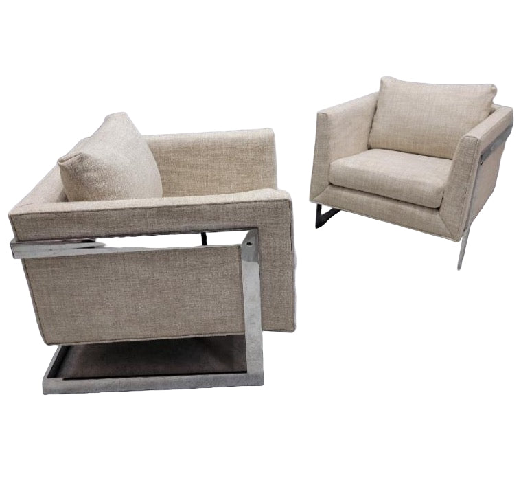 Mid Century Modern Milo Baughman Chrome Flat Bar Cantilever Chairs Newly Reupholstered - Pair