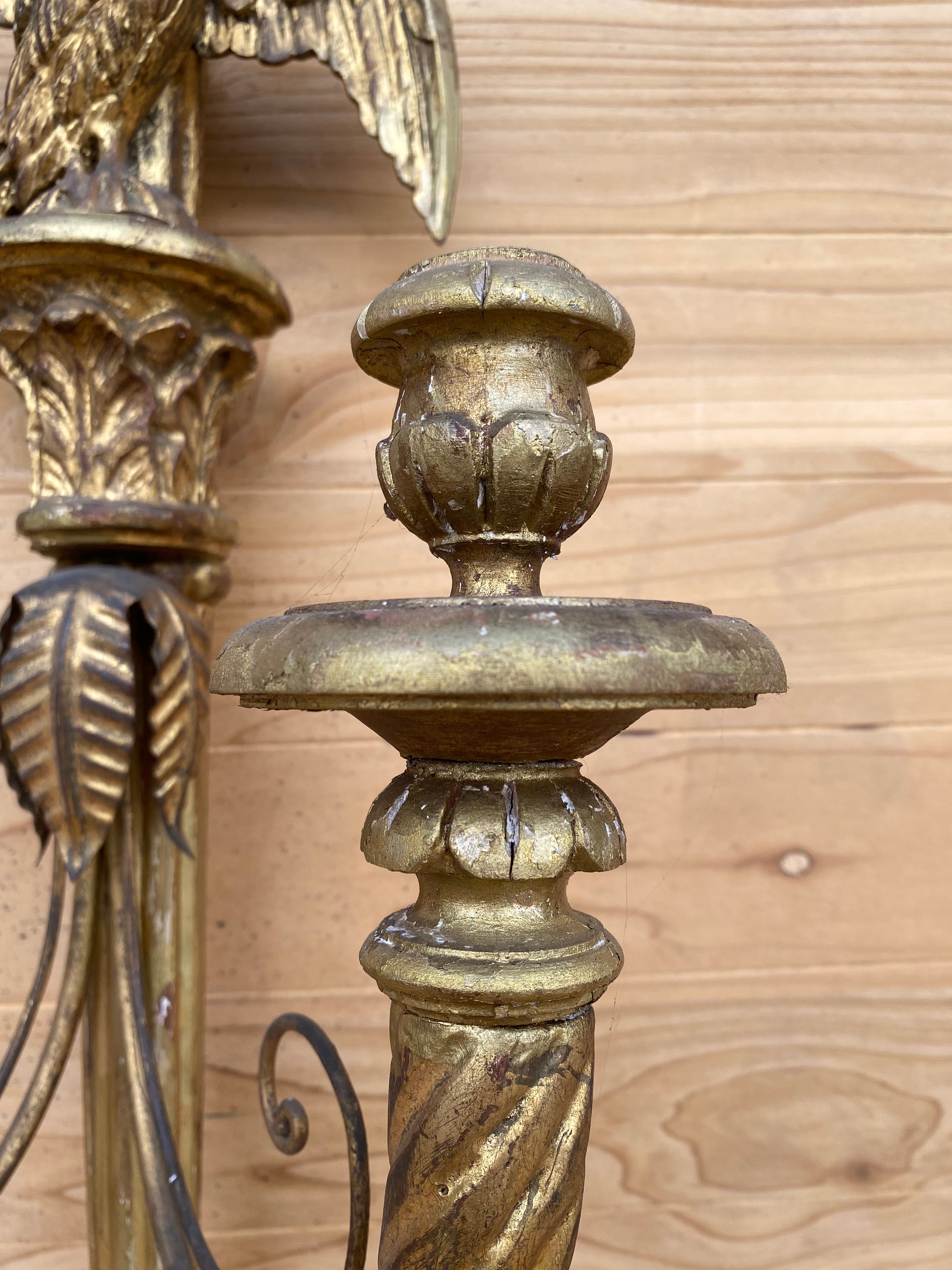 Antique Italian Federal Style Figural Carved Gold Gilded Candle Wall Sconce - Pair