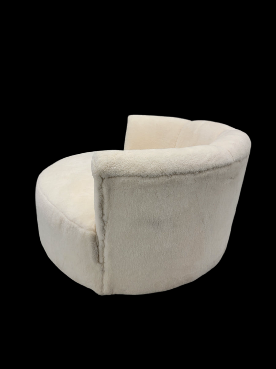 Mid Century Modern Milo Baughman Style Swivel Love Lounge Newly Reupholstered Natural Sherling