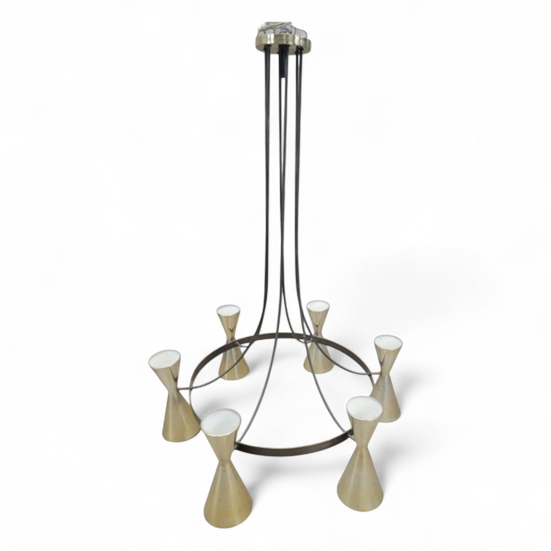 Mid Century Modern Atomic Brass Finish 6 Hourglass Double Sided Cone Chandelier