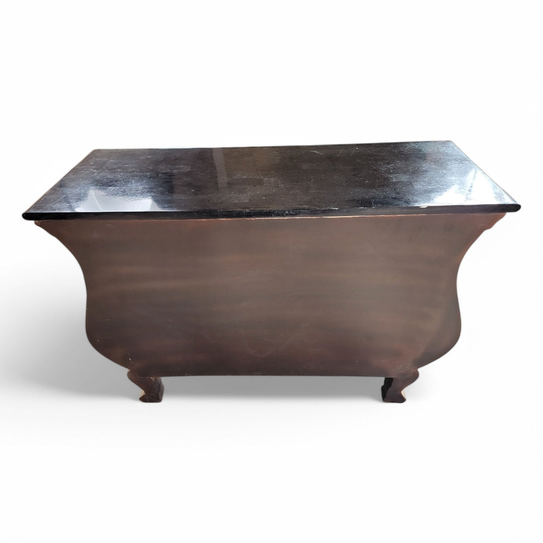 New - Vintage Italian Antiqued Style Carved Bombe Chest with Black Marble Stone Top