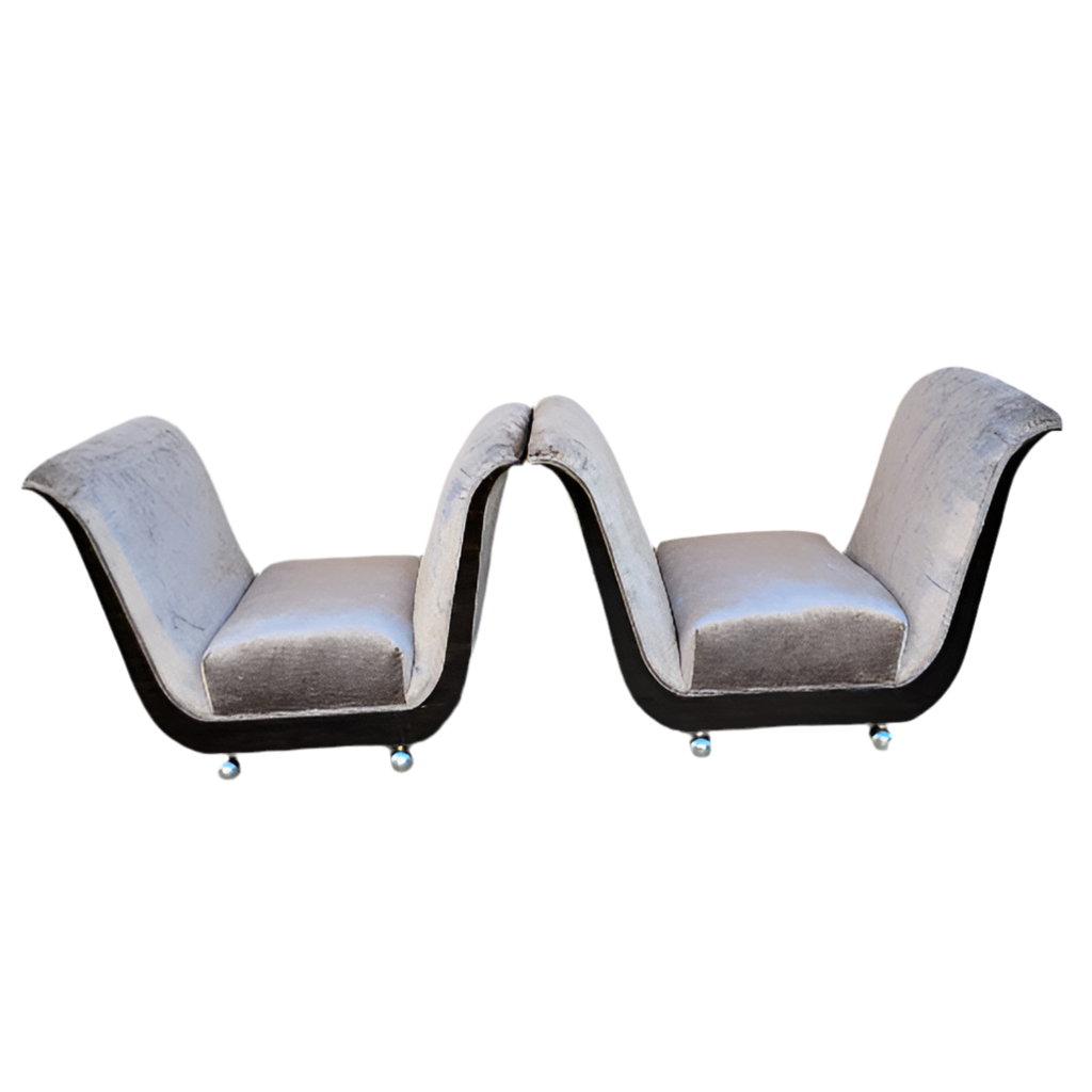 Art Deco Guglielmo Ulrich Style Scuptural Scroll Arm Seat Benches Newly Reupholstered - Pair