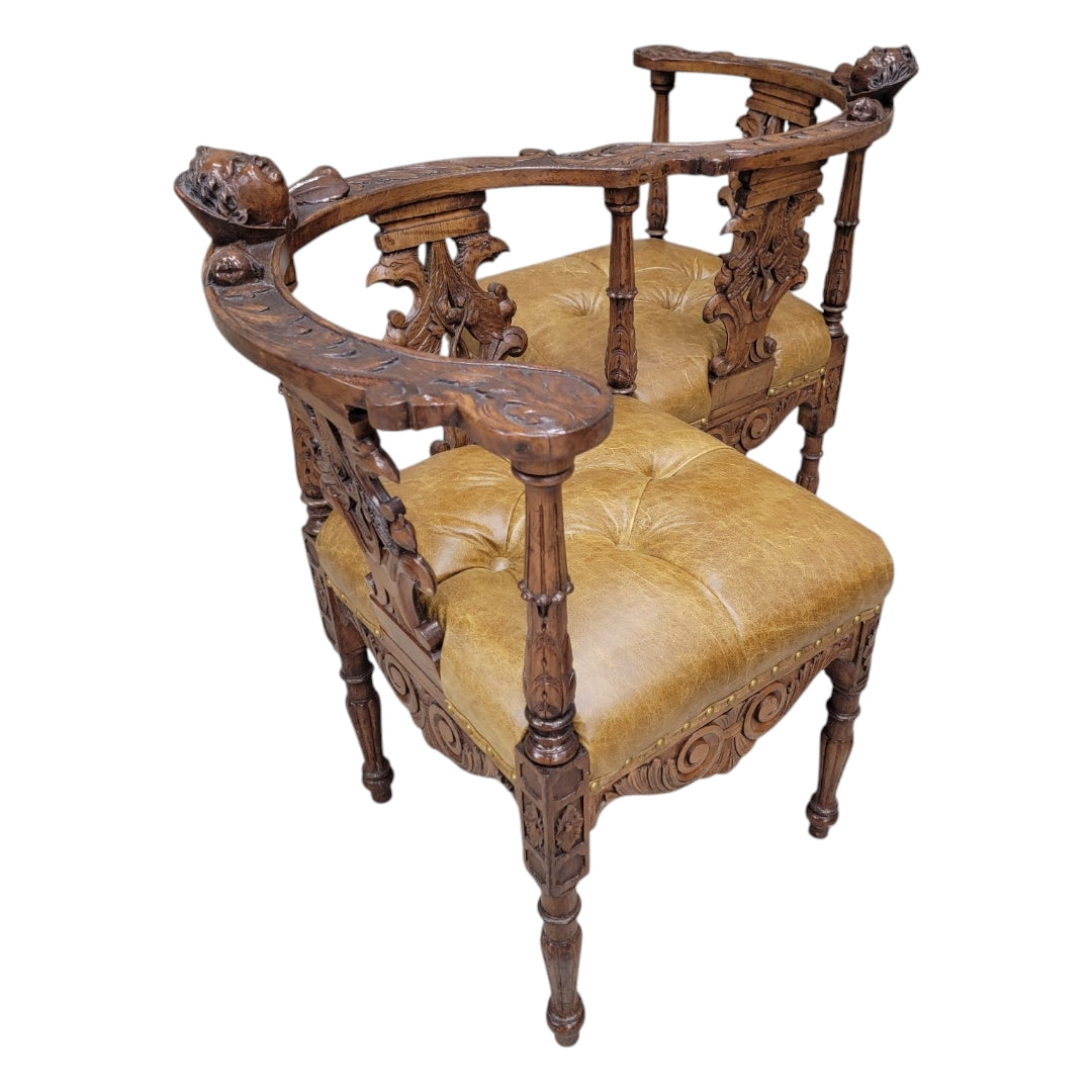 Antique Italian Renaissance Revival Ornate Carved Figural Tufted Tete-a-Tete Bench Newly Reupholstered in Leather
