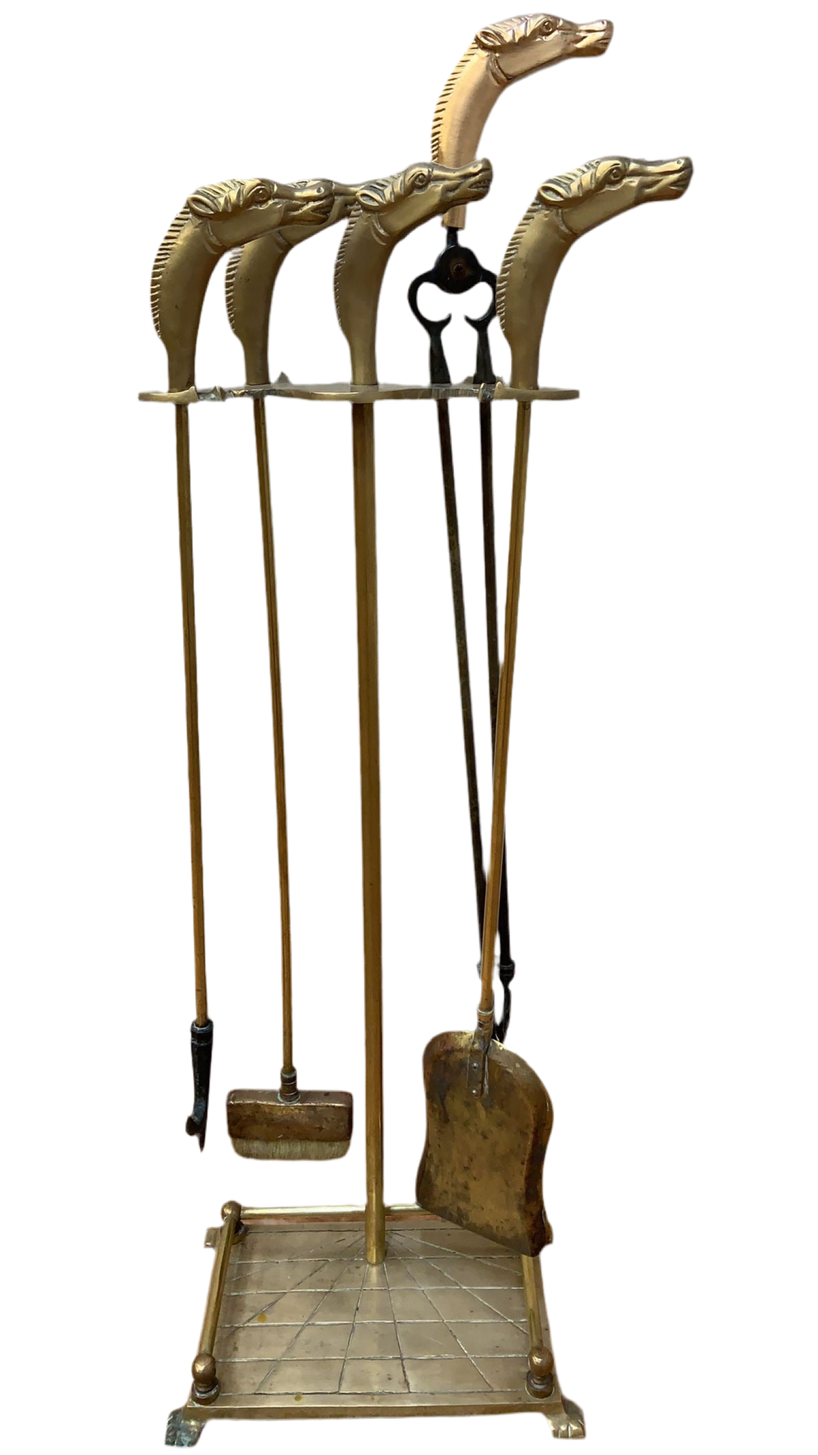 Vintage French Neoclassical Style Brass Horses Head Fireplace Tools
