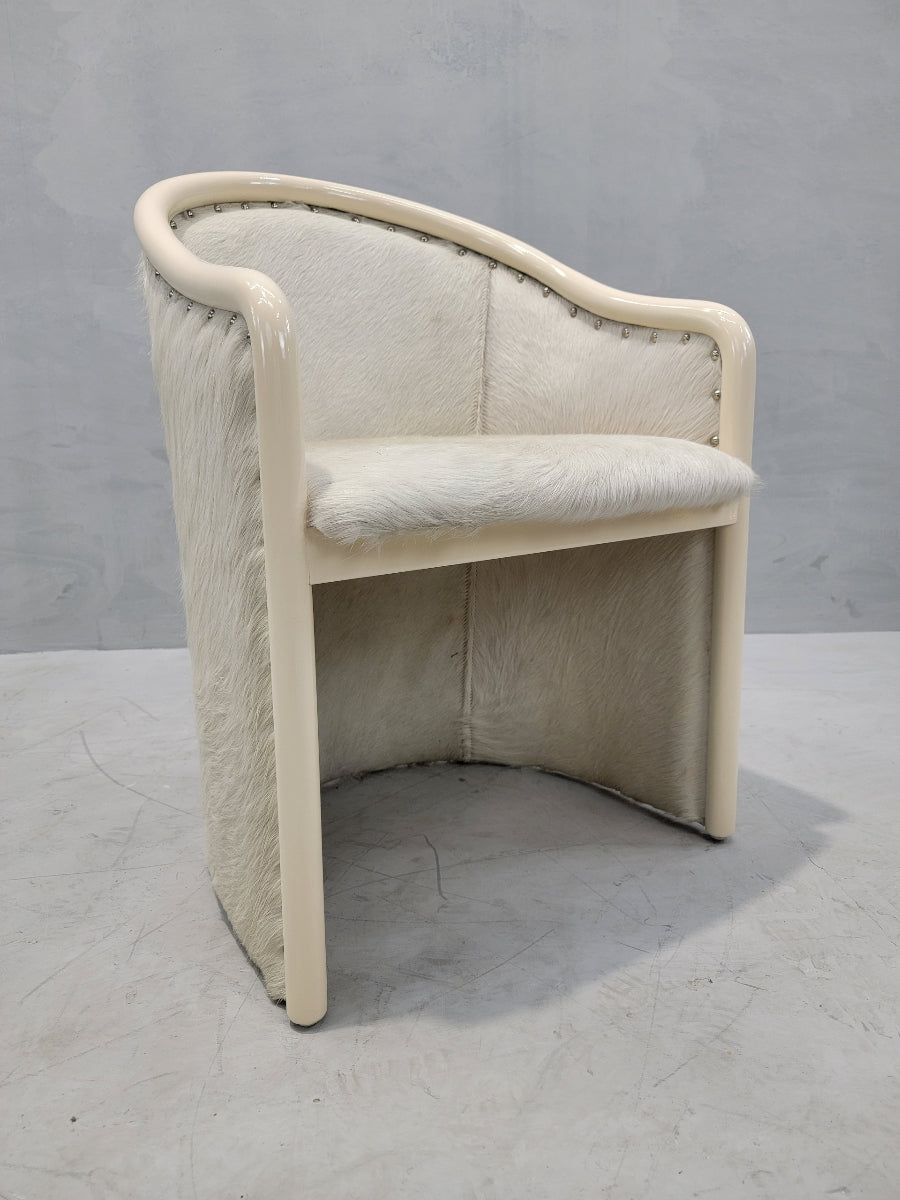 Vintage Italian Cream Lacquer Barrel Back Occasional Chair by Tonon Newly Reupholstered in Cowhide