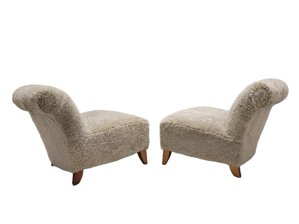 Mid Century Modern Swedish Scroll Back Slipper Chairs Newly Reupholstered in Natural Sheep Wool - Pair