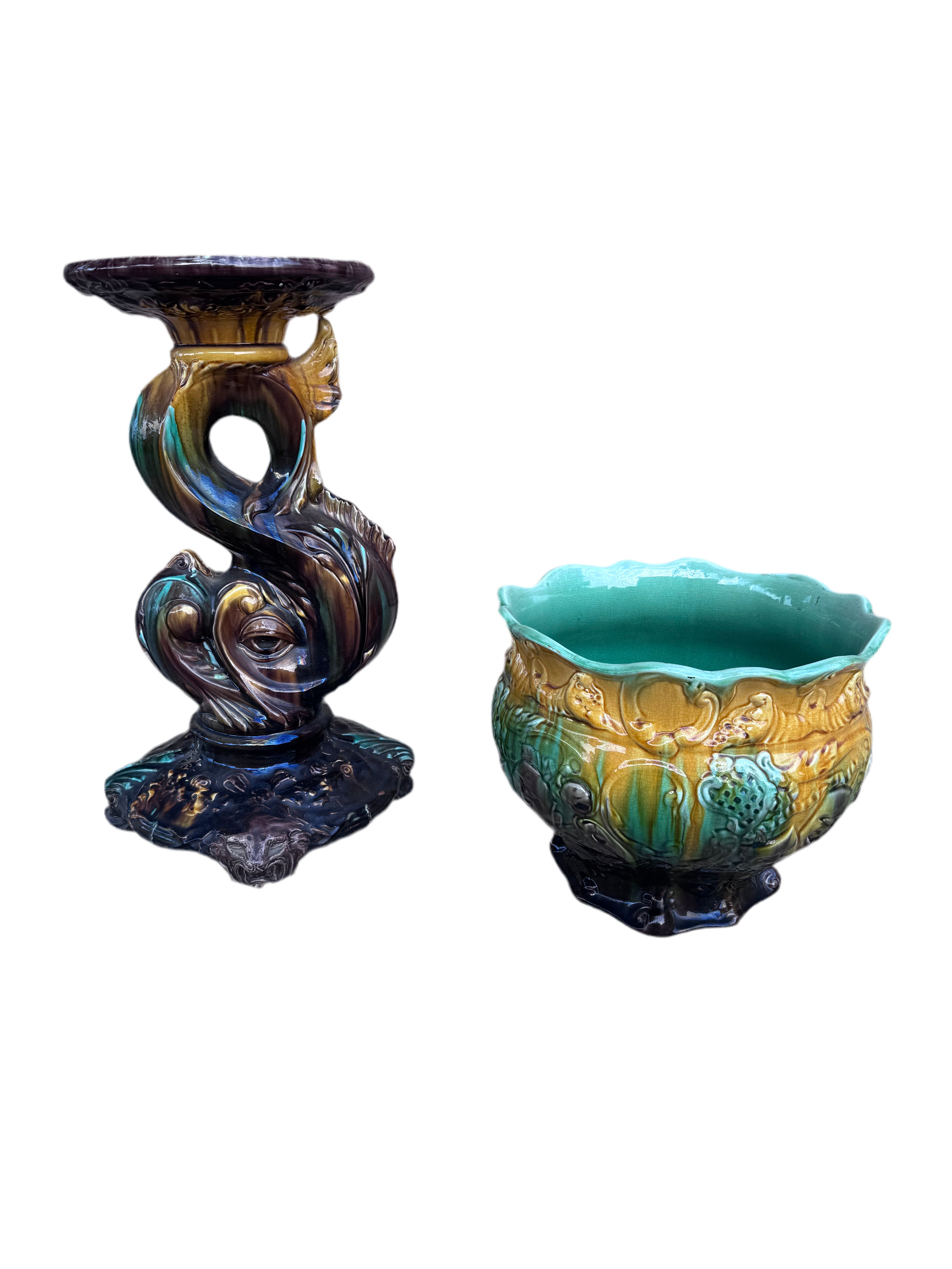 Vintage Weller Majolica Pottery Jardiniere & Pedestal Set