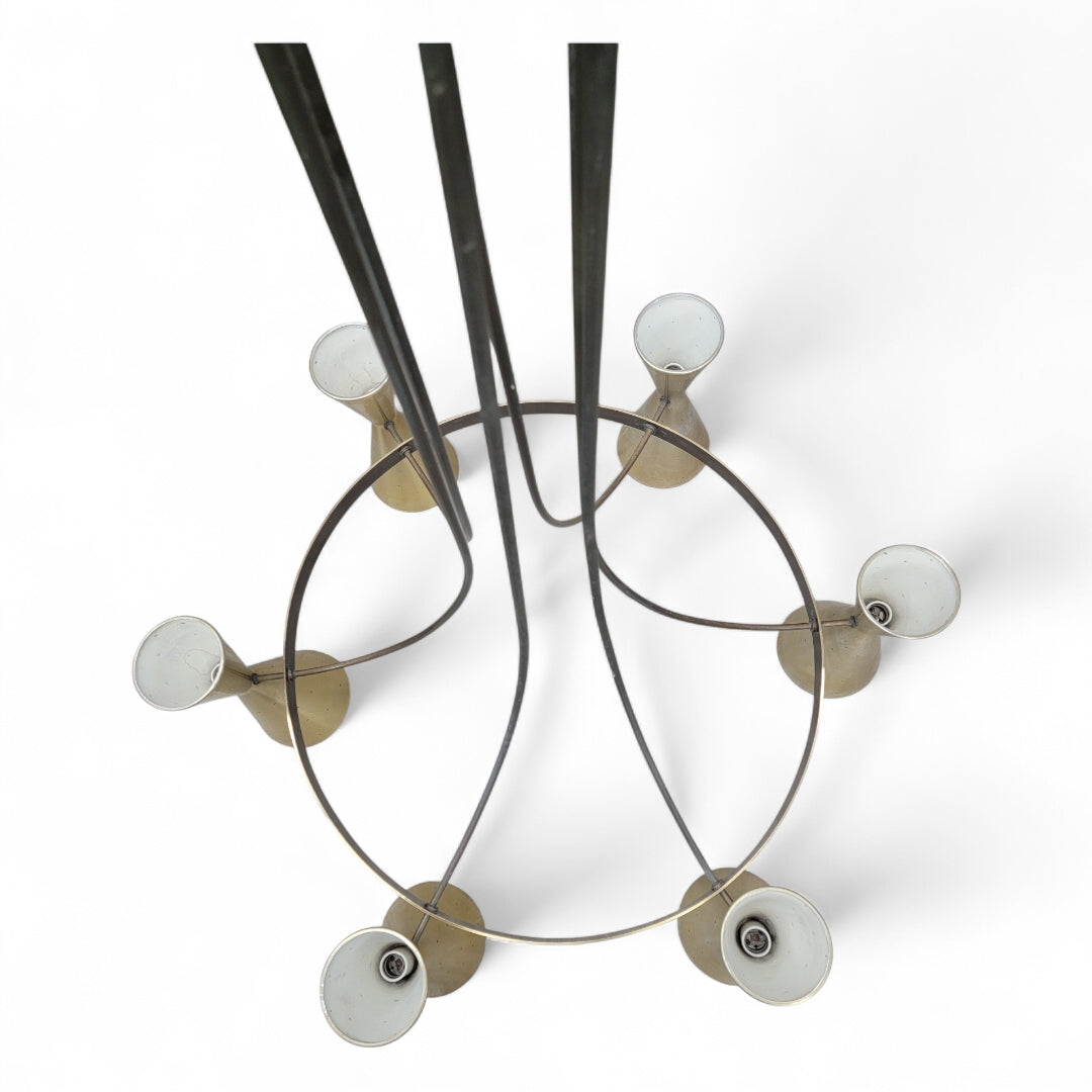 Mid Century Modern Atomic Brass Finish 6 Hourglass Double Sided Cone Chandelier