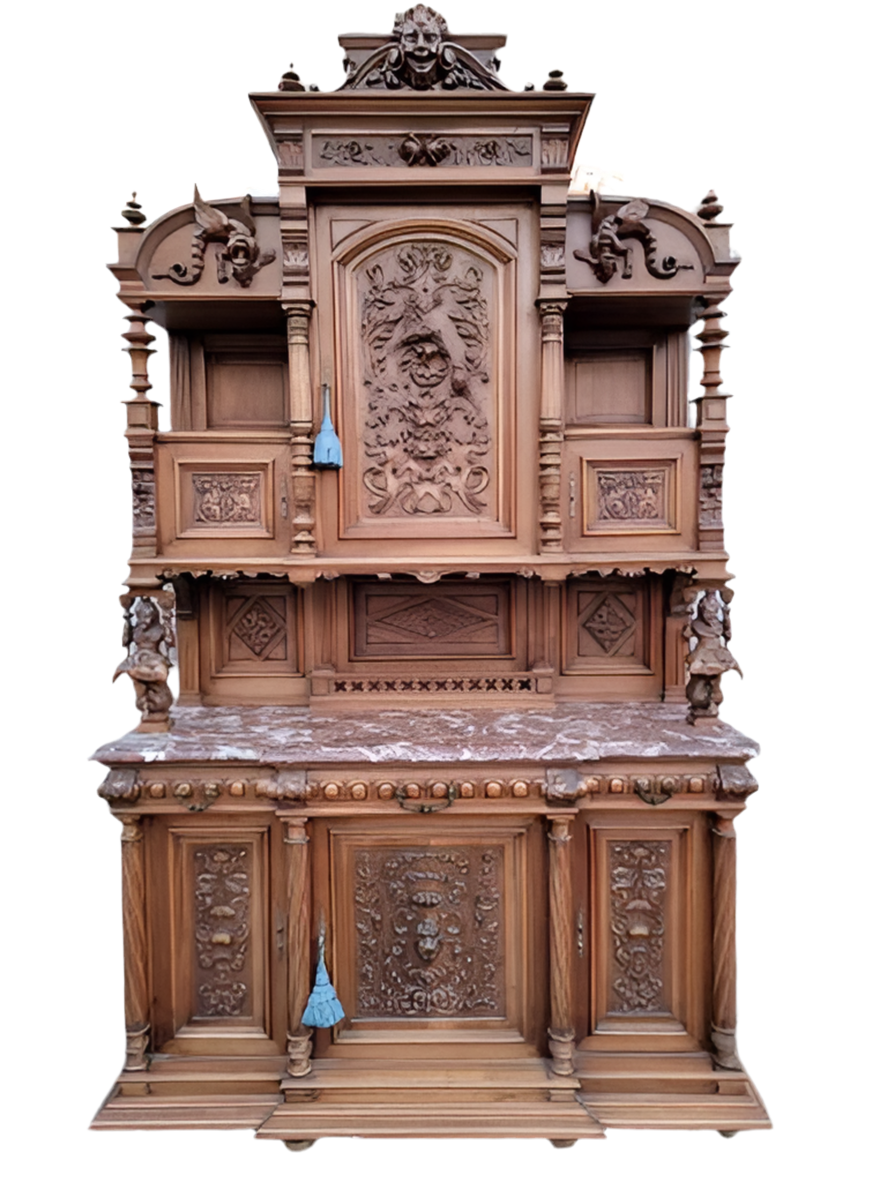 Antique French Gothic Style Carved Ornate Figural Walnut Chateau Cabinet