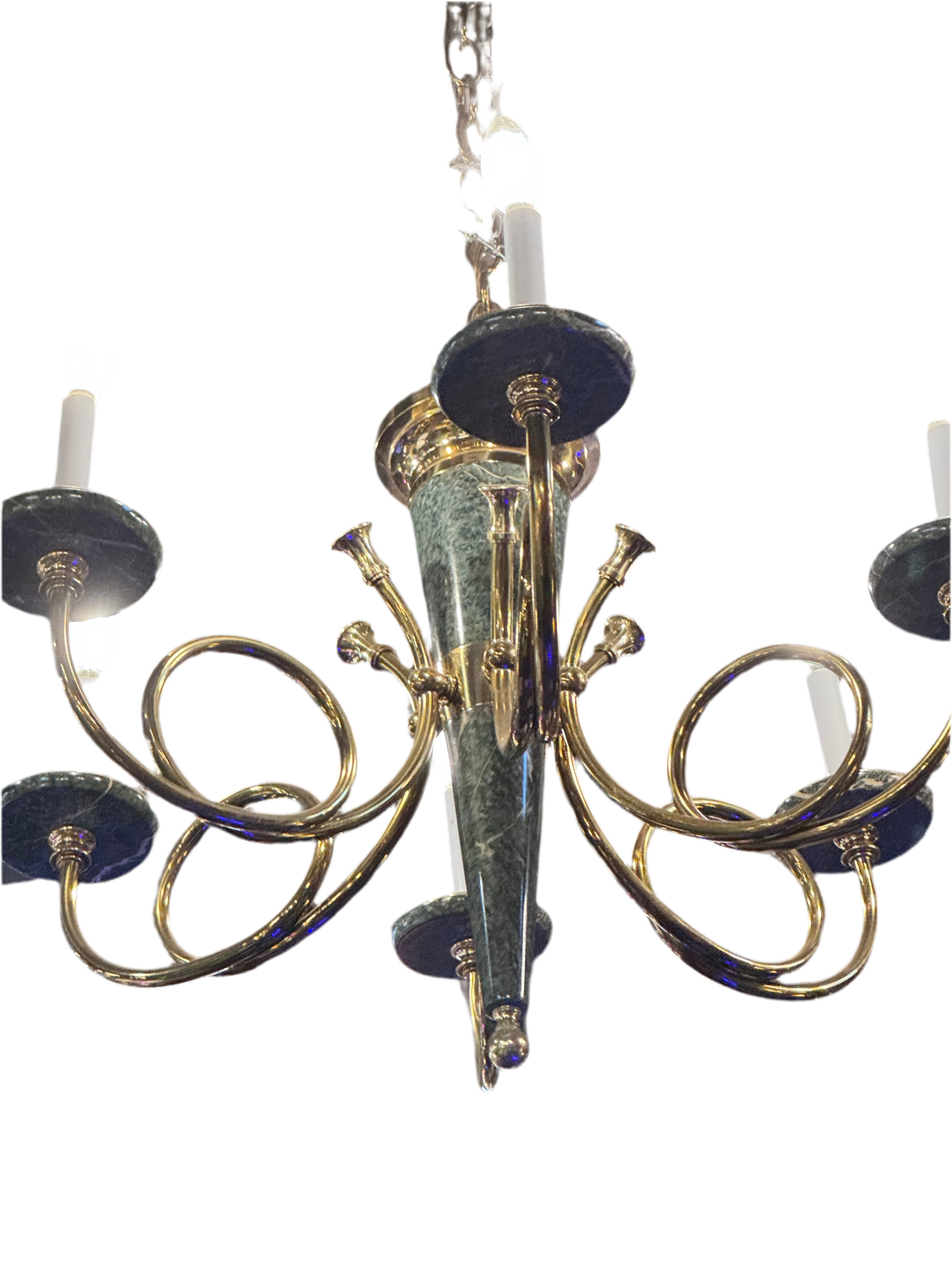New - Vintage Brass 6 Light Brass and Green Marble French Horn Chandelier