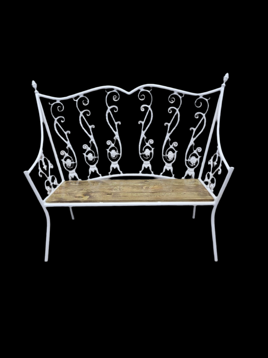 Antique Victorian Colonial Style Hand-Forged White Wrought Iron Indoor/Outdoor Bench