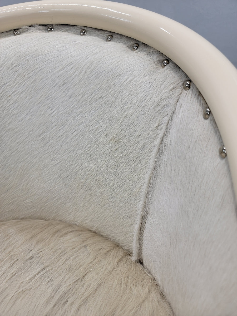 Vintage Italian Cream Lacquer Barrel Back Occasional Chair by Tonon Newly Reupholstered in Cowhide