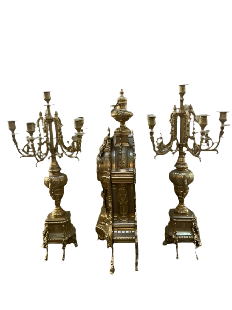 Vintage Victorian Style Ornate Mantle Clock and 2 Candelabras - Garniture Set