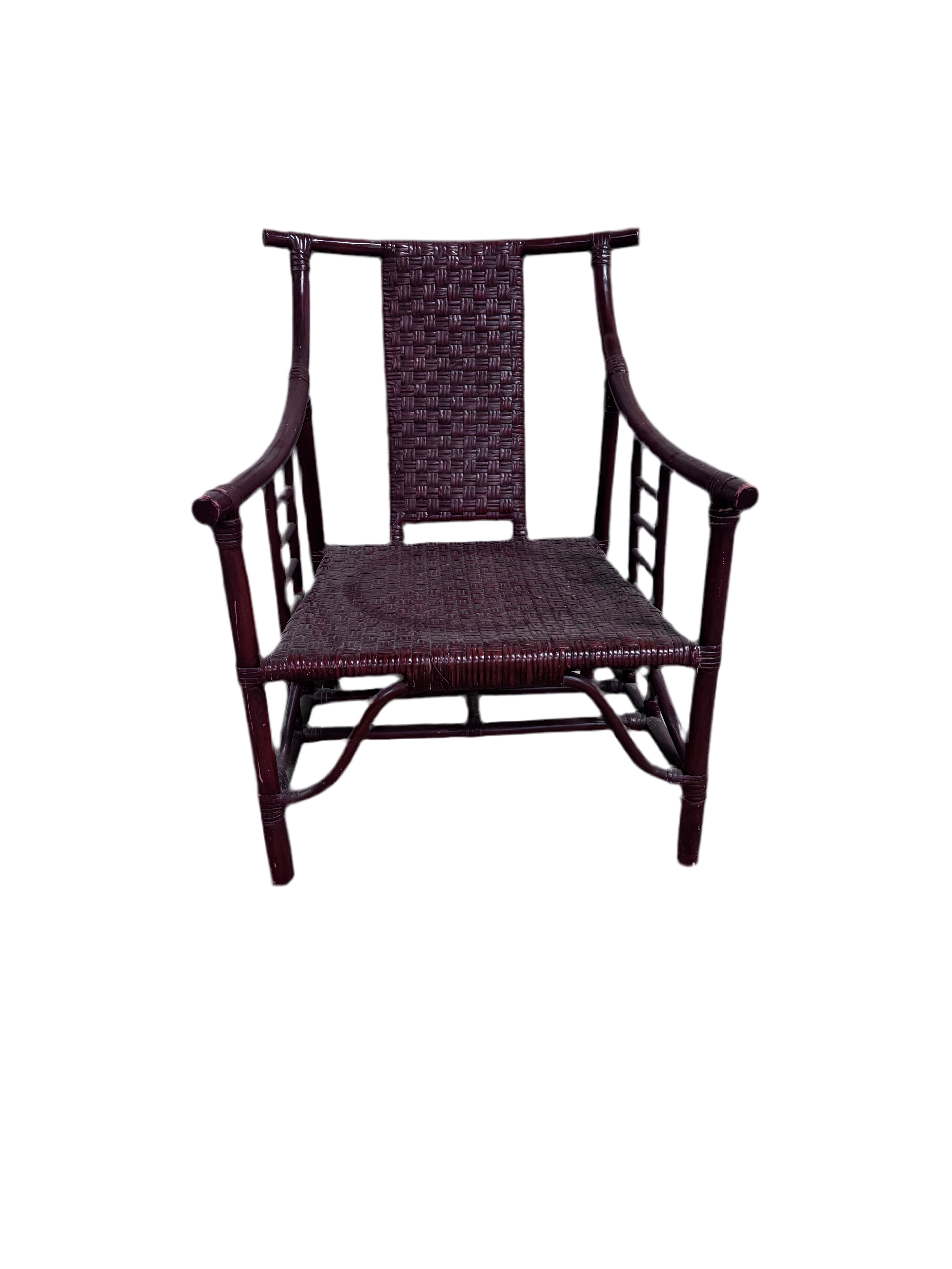 Hollywood Regency Tommi Parzinger Style Red Bamboo and Wicker Armchair