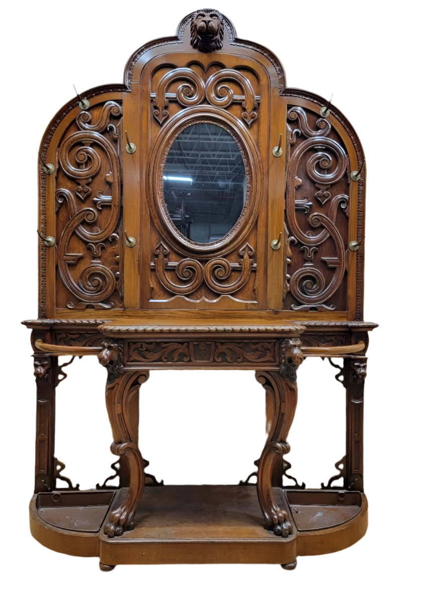 Antique Quarter-Sawn Oak Carved Figural Lion's Head Mirrored Hall Tree