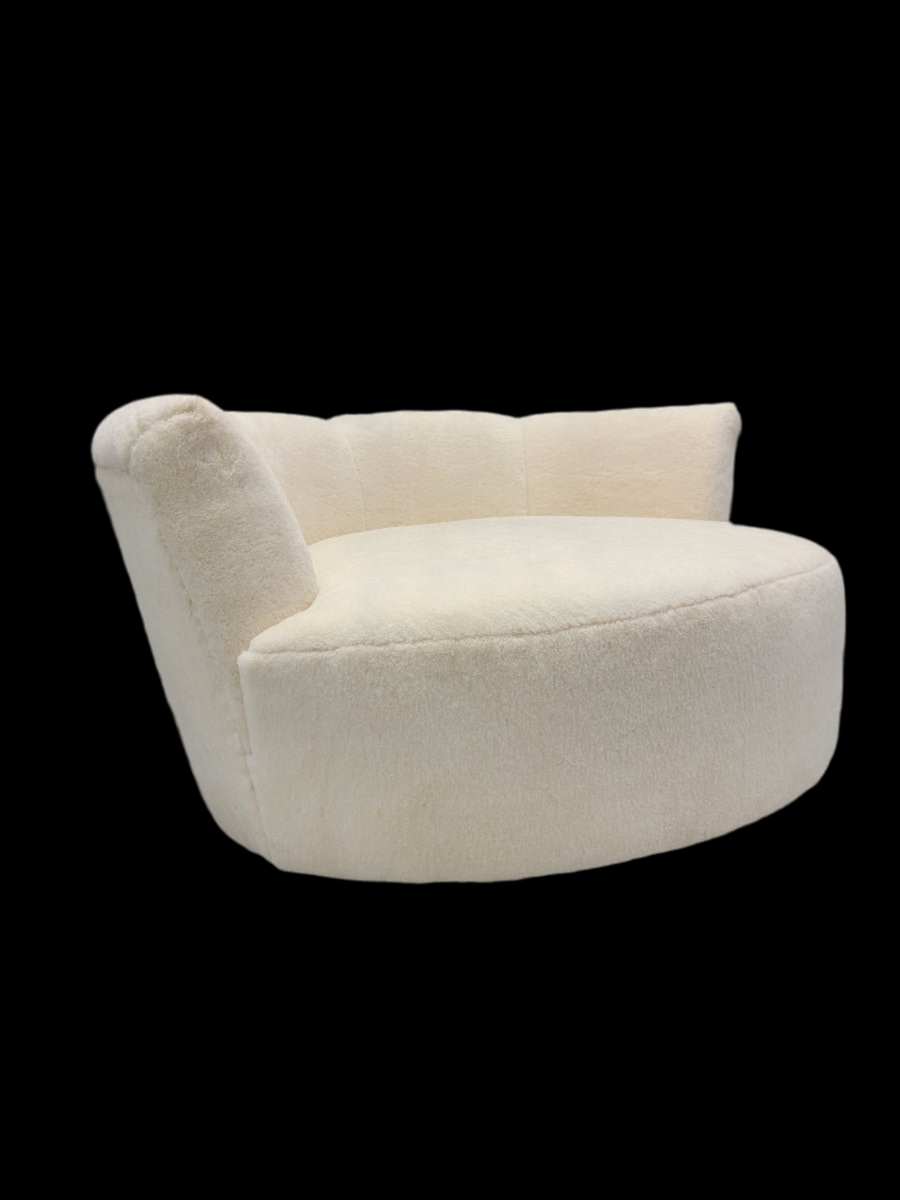 Mid Century Modern Milo Baughman Style Swivel Love Lounge Newly Reupholstered Natural Sherling