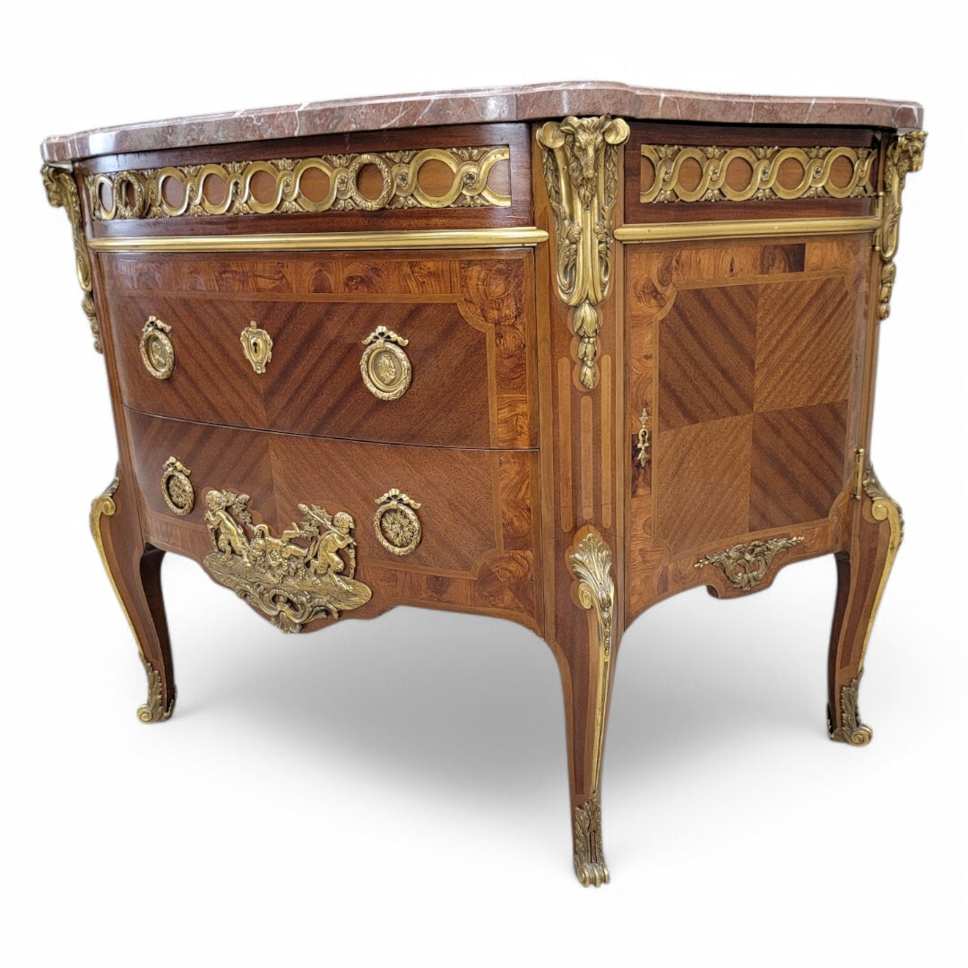 Antique French Acajou and Tulipwood Gilt Bronze Marble Top Commode in the Style of Paul-Charles Sormani