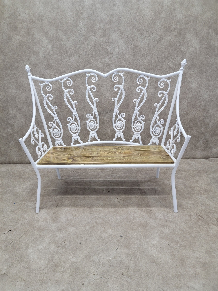 Antique Victorian Colonial Style Hand-Forged White Wrought Iron Indoor/Outdoor Bench