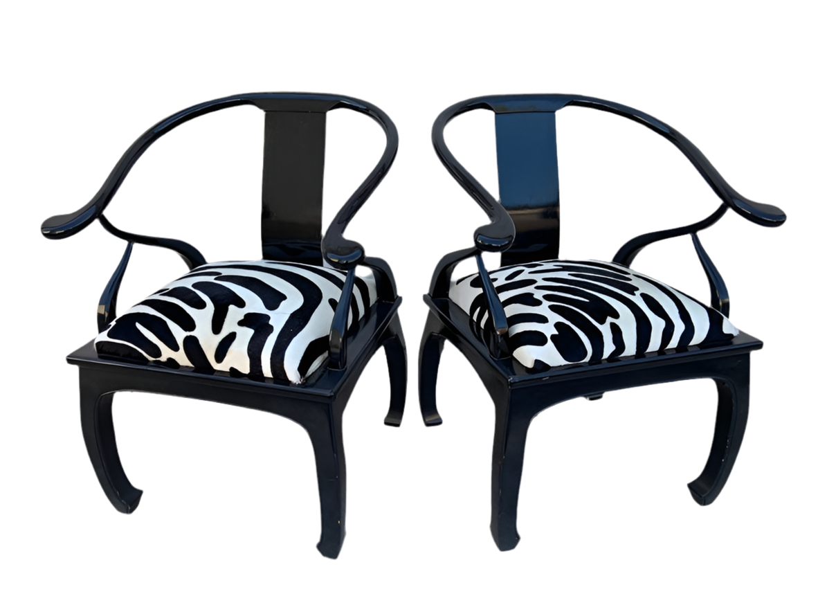 Hollywood Regency James Mont Style Horseshoe Chairs Newly Reupholstered in Cowhide- Pair