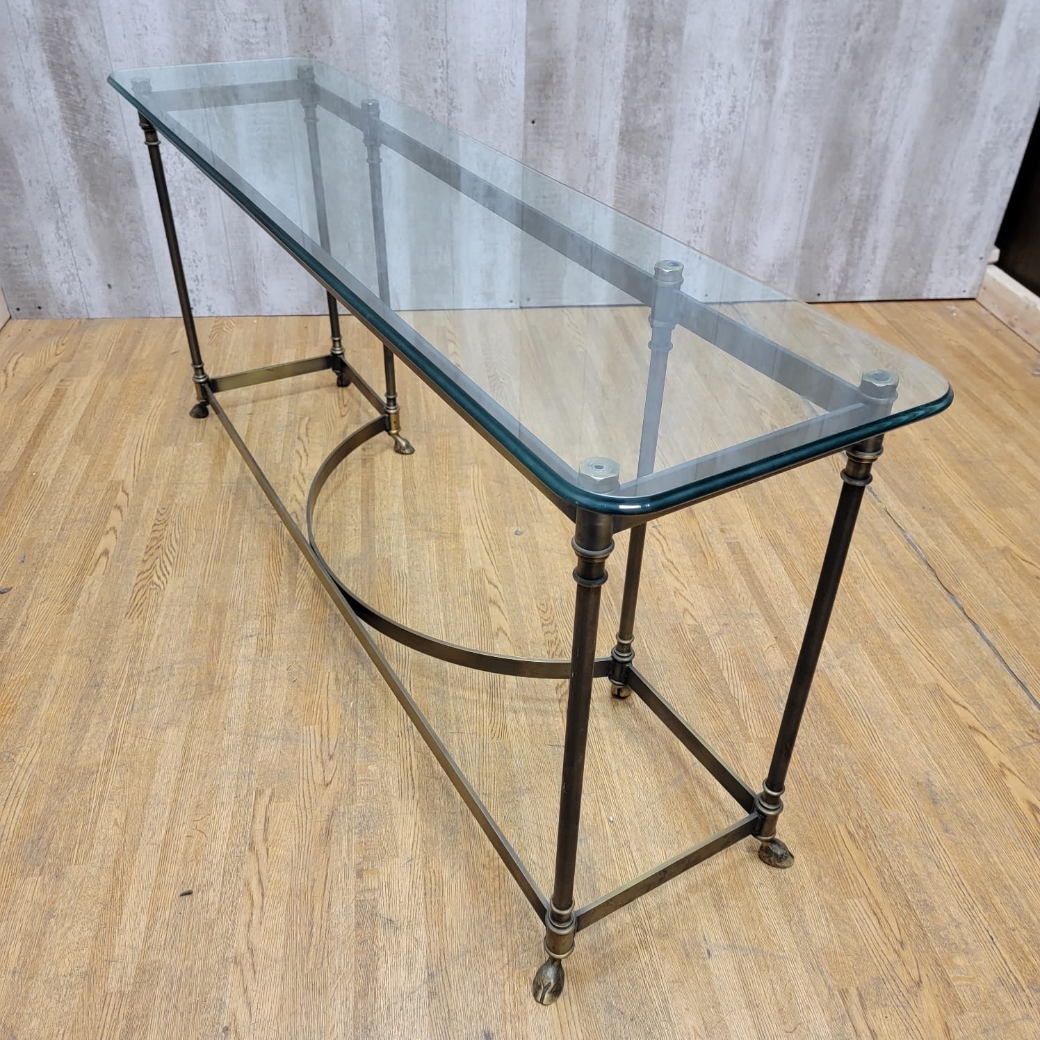 Hollywood Regency Maison Jansen LaBarge Style Brass Glass Top Console Table