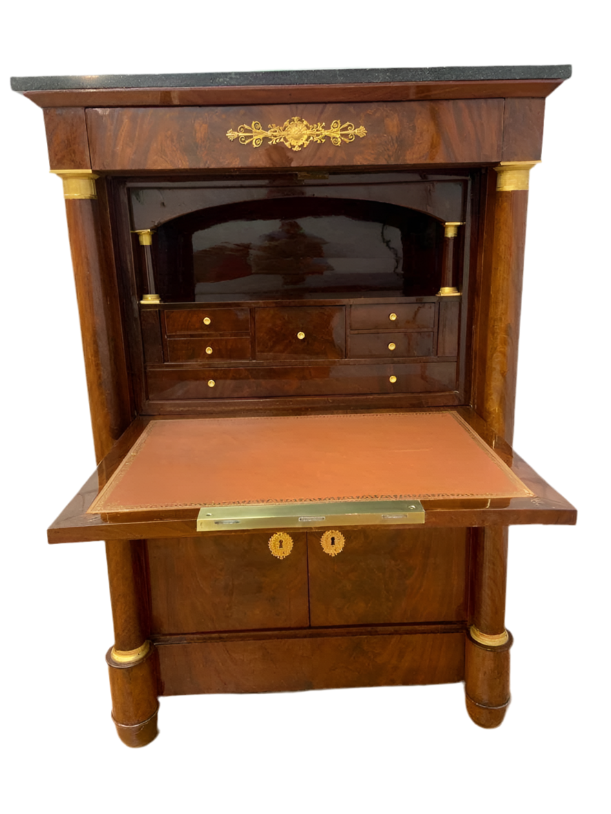 Antique French Empire Mahogany Gilt-Bronze Marble-Top Abattant Secretary Desk
