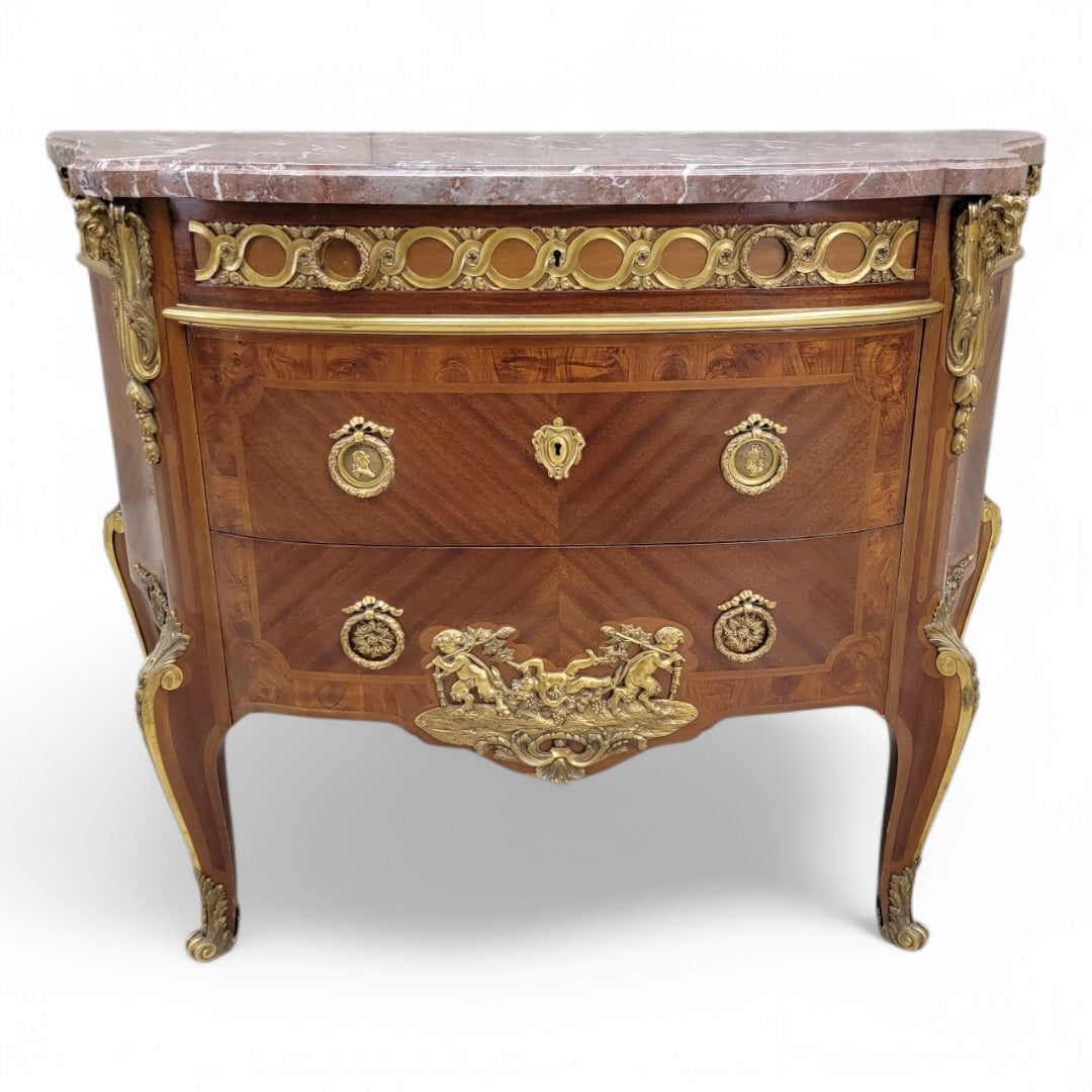 Antique French Acajou and Tulipwood Gilt Bronze Marble Top Commode in the Style of Paul-Charles Sormani