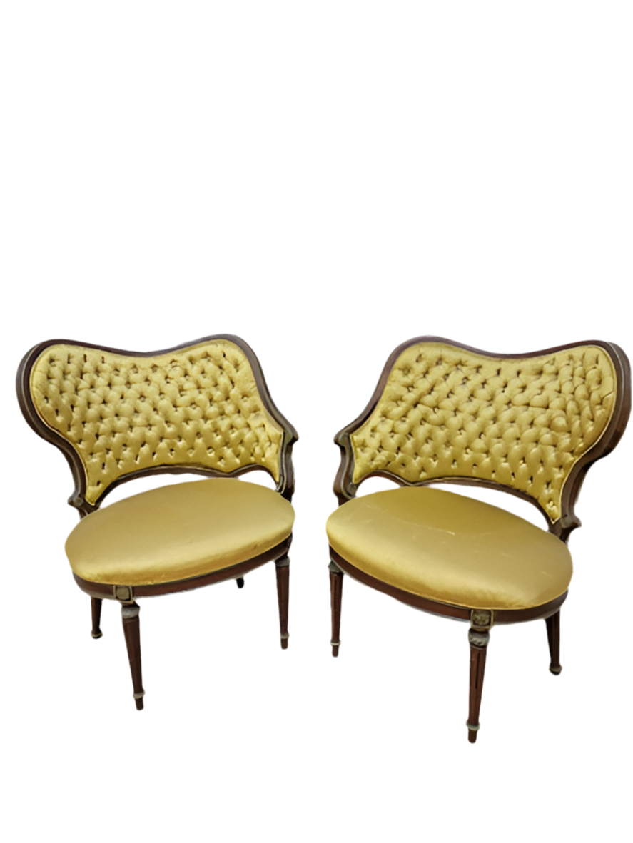 Hollywood Regency Grosfeld House Asymmetrical Tufted Boudoir Chairs Silk - Pair