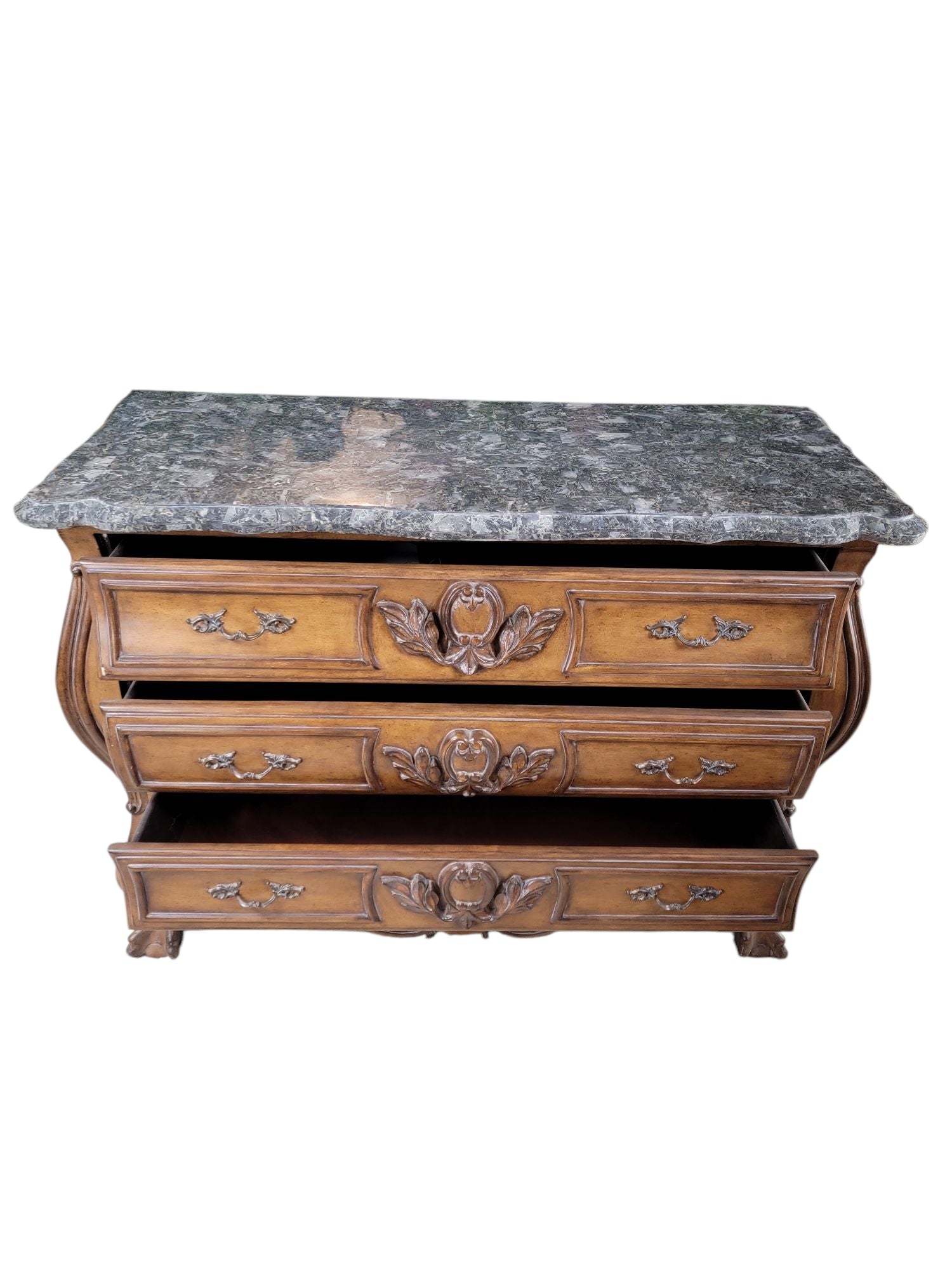 New - Vintage French Provincial Style Carved Bombe Chest with Stone Top