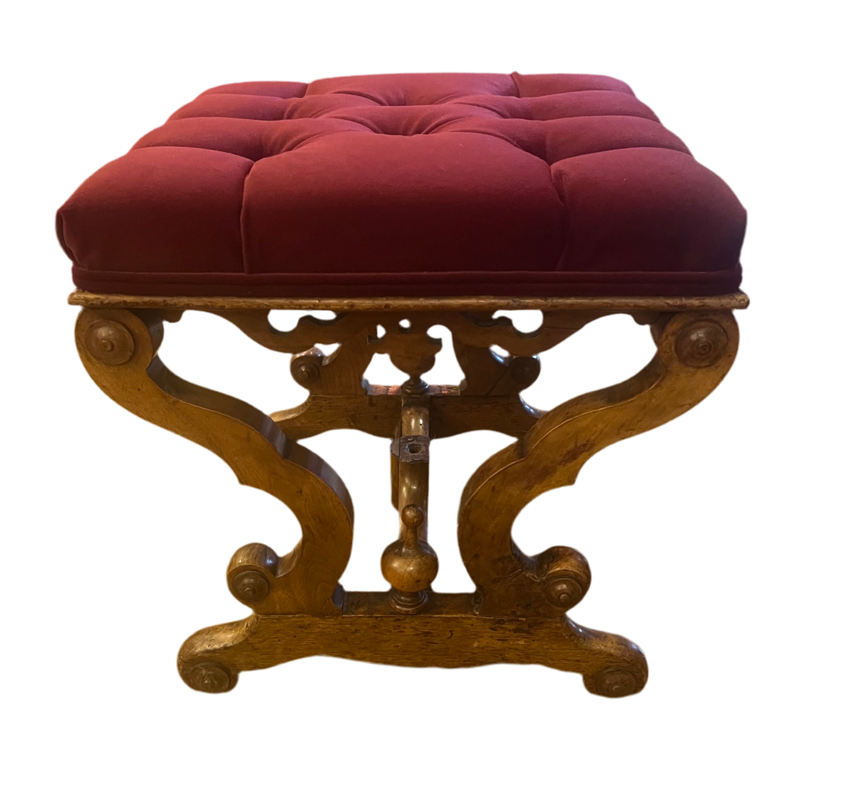Antique Tufted Ottoman Newly Reupholstered in Burgundy Velvet