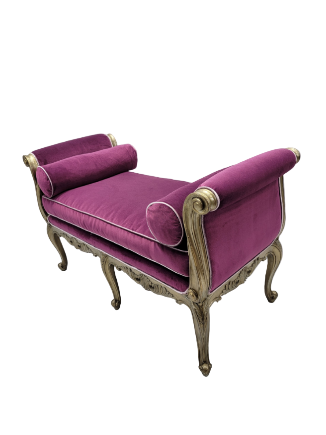 Vintage Marge Carson Carved Beauvais Bench Settee Newly Reupholstered in Velvet
