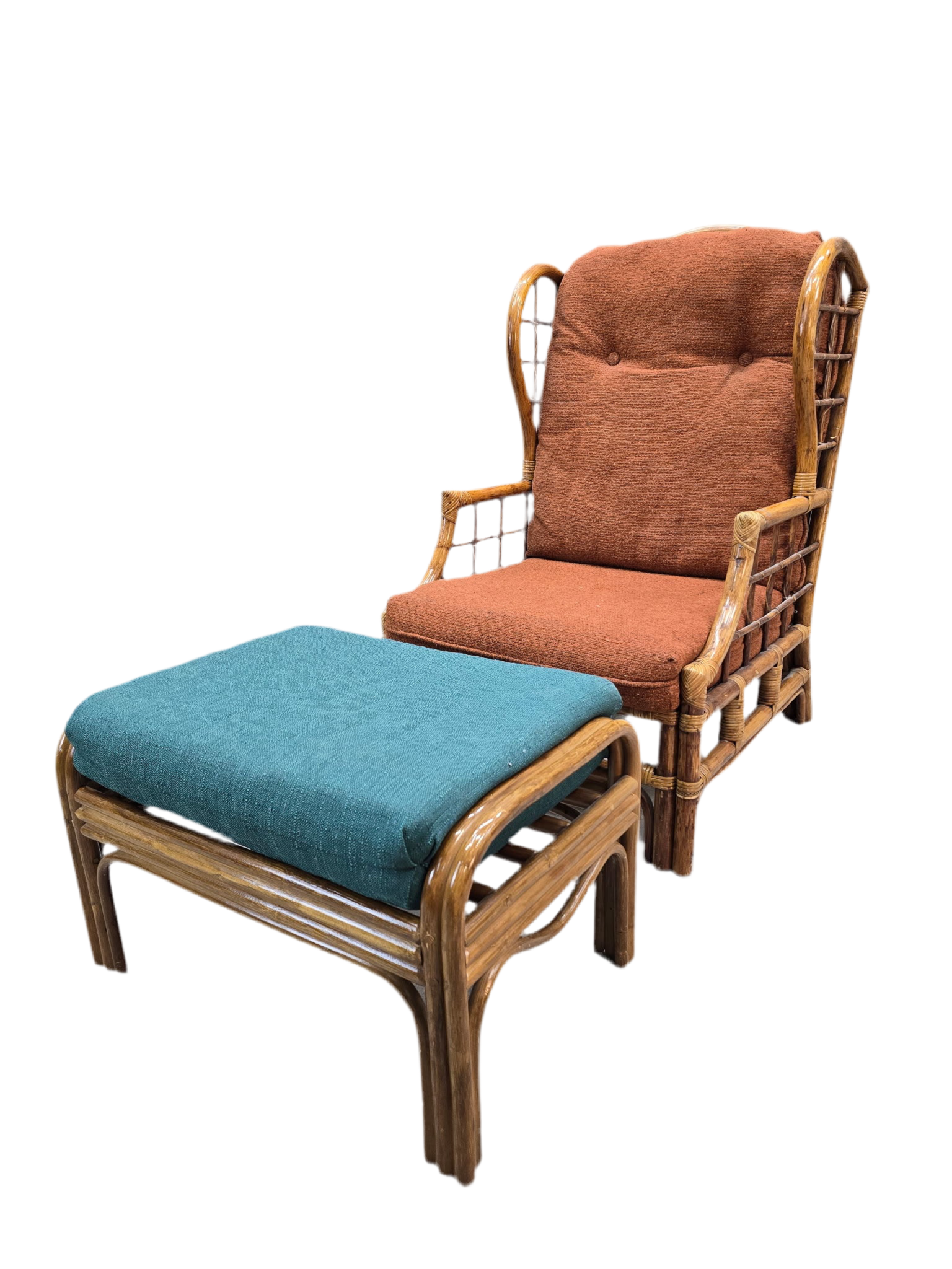 Mid Century Modern Wicker Chair and Ottoman for Reupholstery
