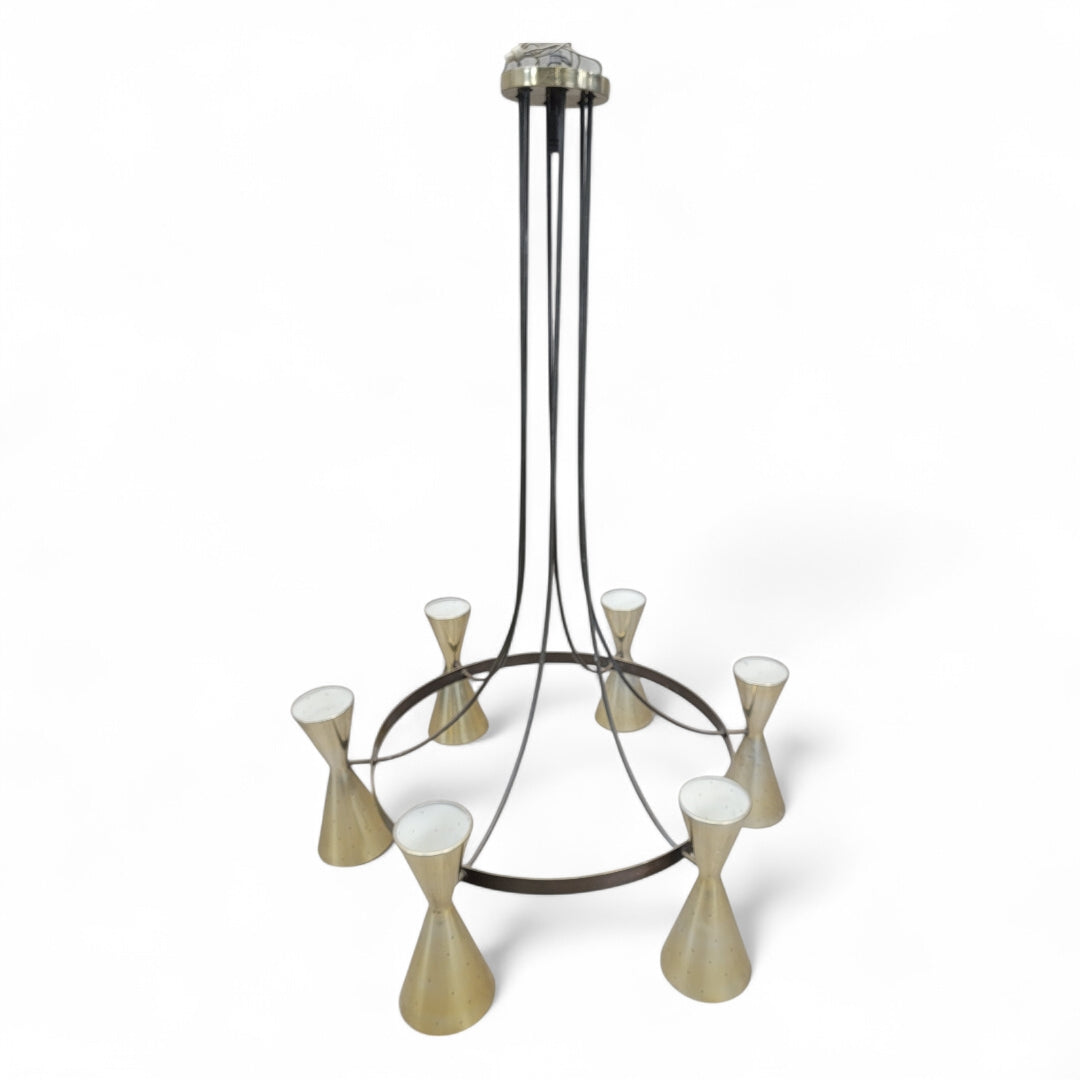Mid Century Modern Atomic Brass Finish 6 Hourglass Double Sided Cone Chandelier