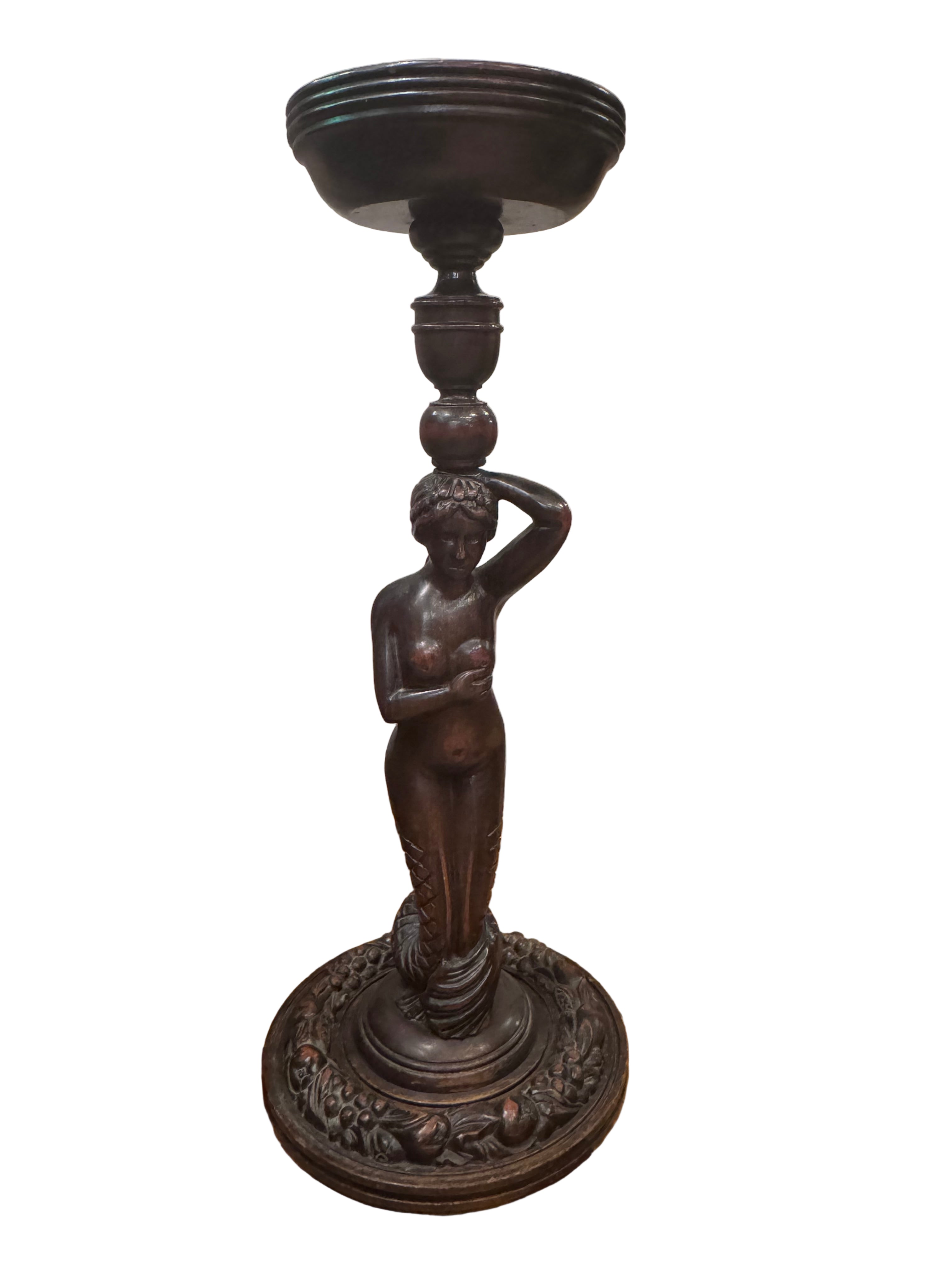 Antique Art Nouveau Style Carved Mahogany Mermaid Foor Ashtray Smoking Stand
