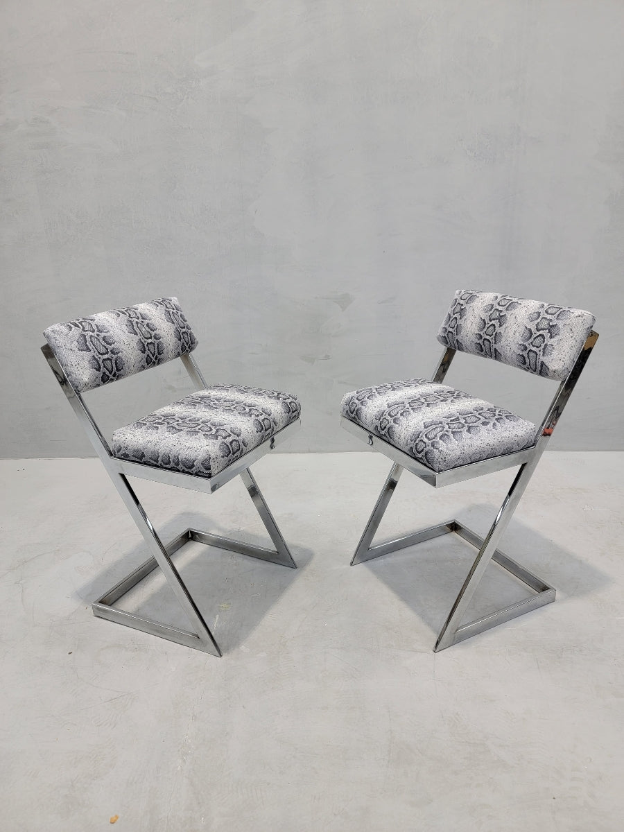 Mid Century Modern Milo Baughman DIA Style Chrome Z Flat-Bar Cantilevered Chairs Newly Reupholstered in Leather- Pair