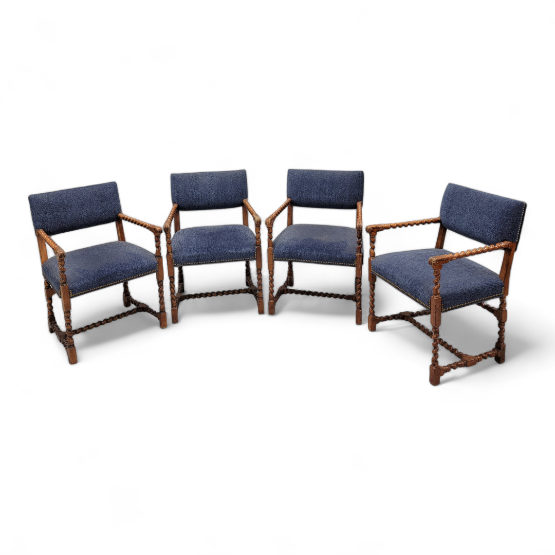 Vintage Baker Furniture English Oak Barley Twist Dining Chairs with Nailhead Finished - Set of 6