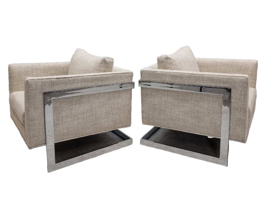 Mid Century Modern Milo Baughman Chrome Flat Bar Cantilever Chairs Newly Reupholstered - Pair