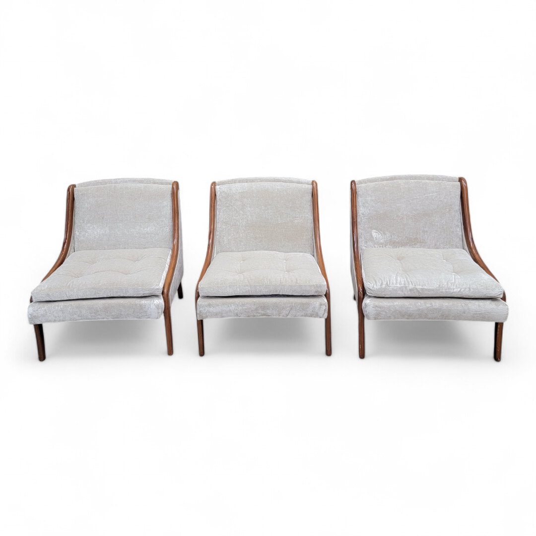 Mid Century Modern Ben Seibel Slipper Chairs Set Newly Reupholstered in Velvet - 3 Piece Set