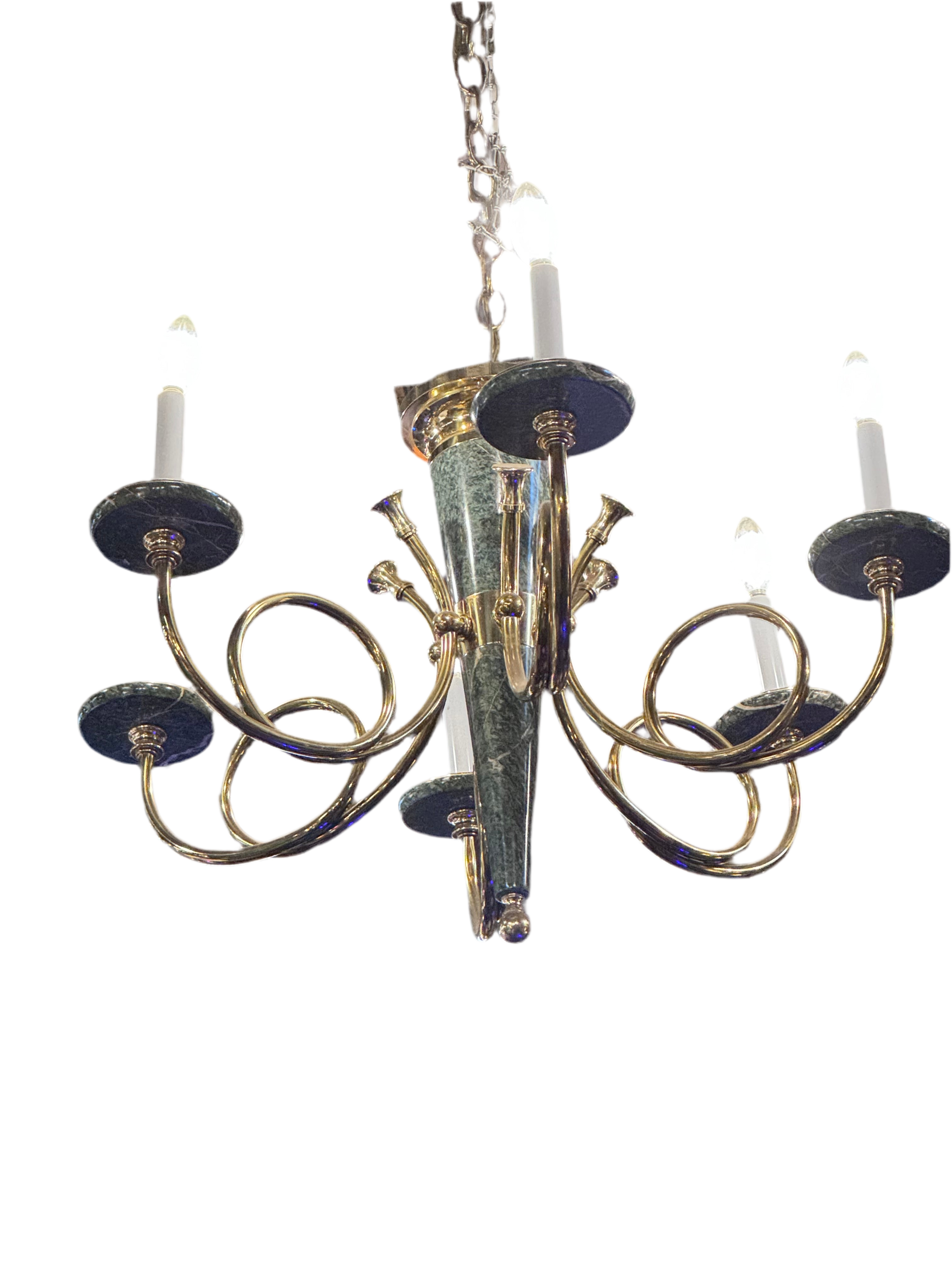 New - Vintage Brass 6 Light Brass and Green Marble French Horn Chandelier
