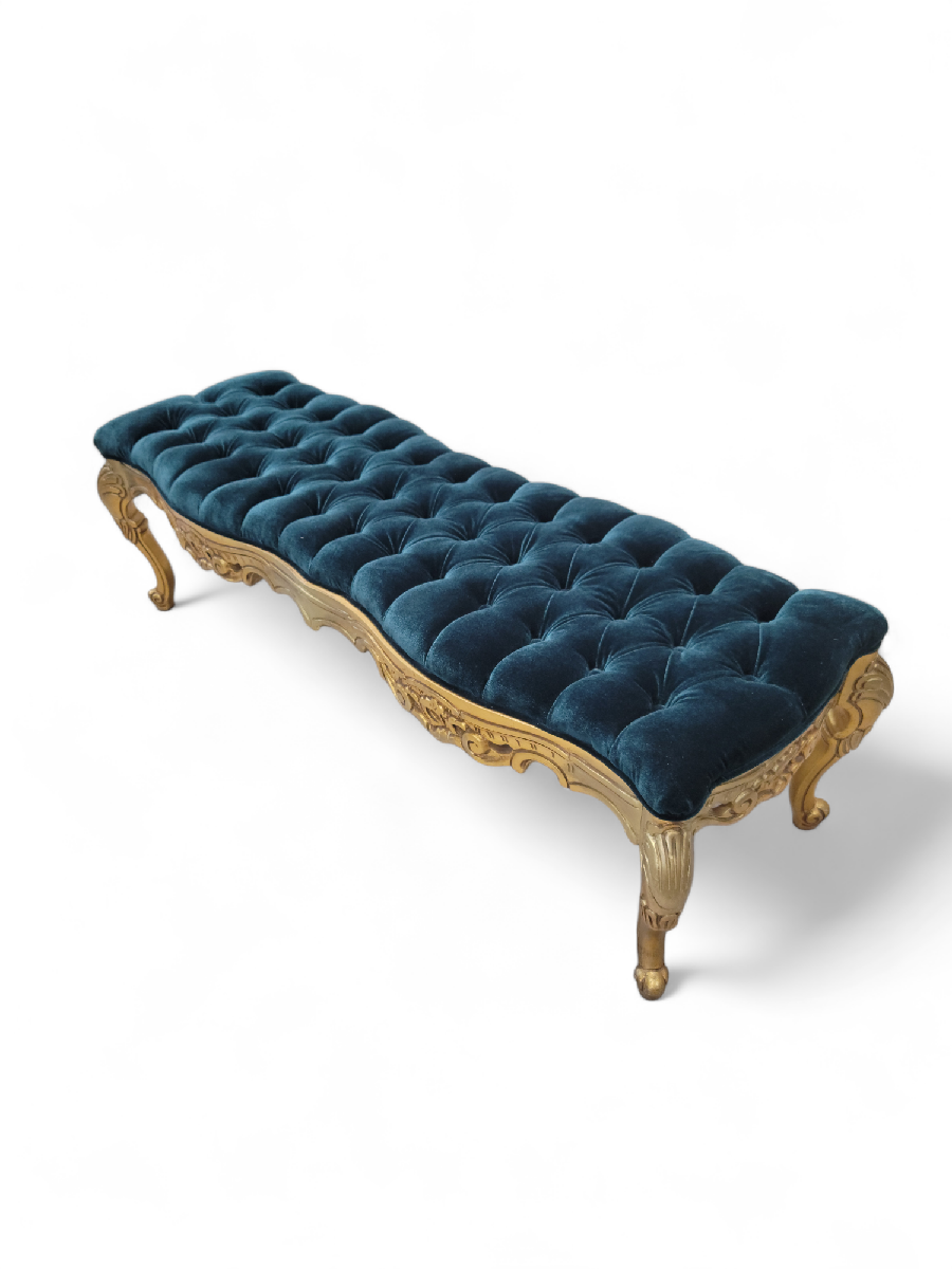 Antique Italian Rococo Style Carved Gilt Tufted Bench Newly Reupholstered in Velvet